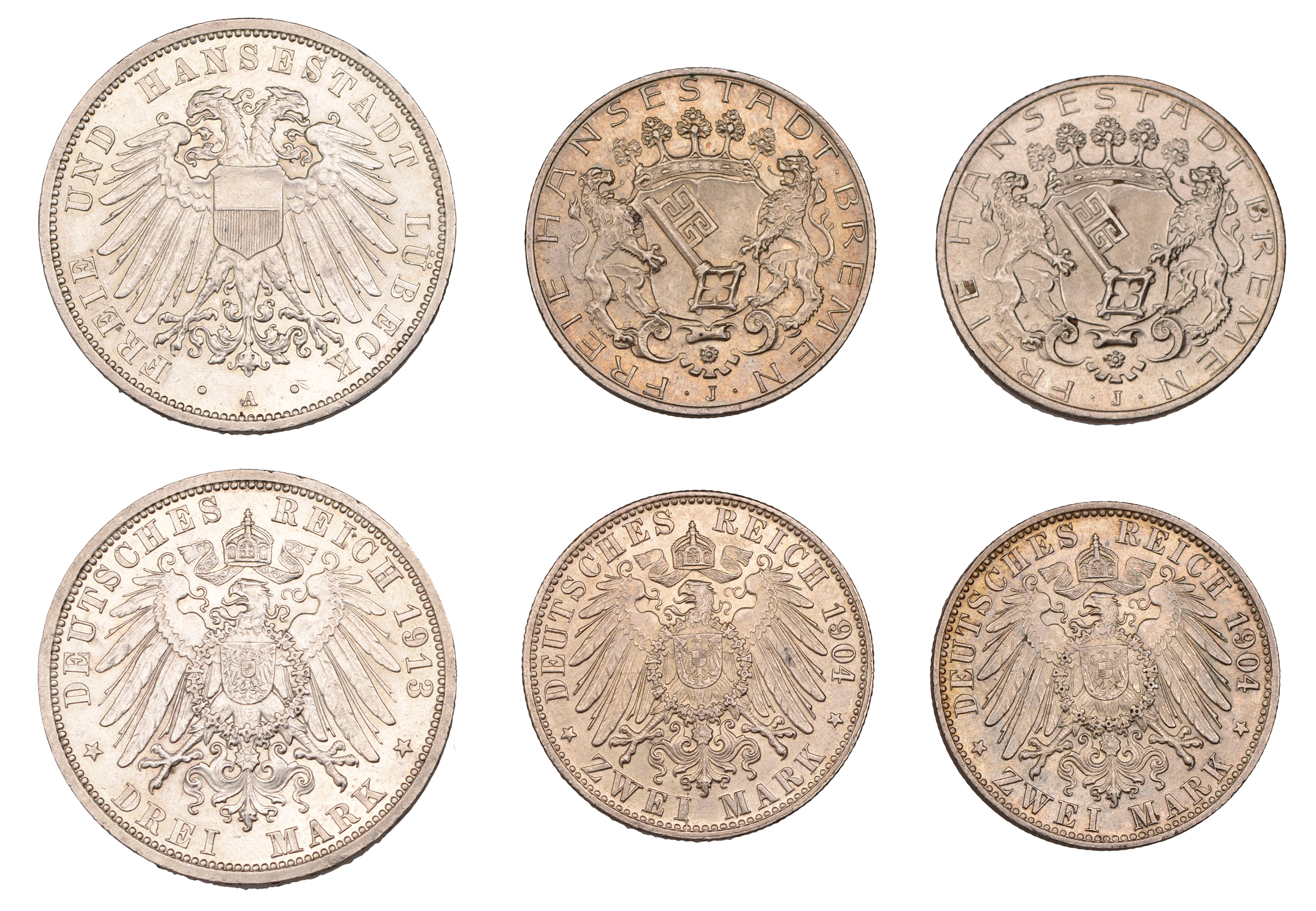 Germany, Bremen, Free City, 2 Mark (2), both 1904j, Hamburg (J 59;