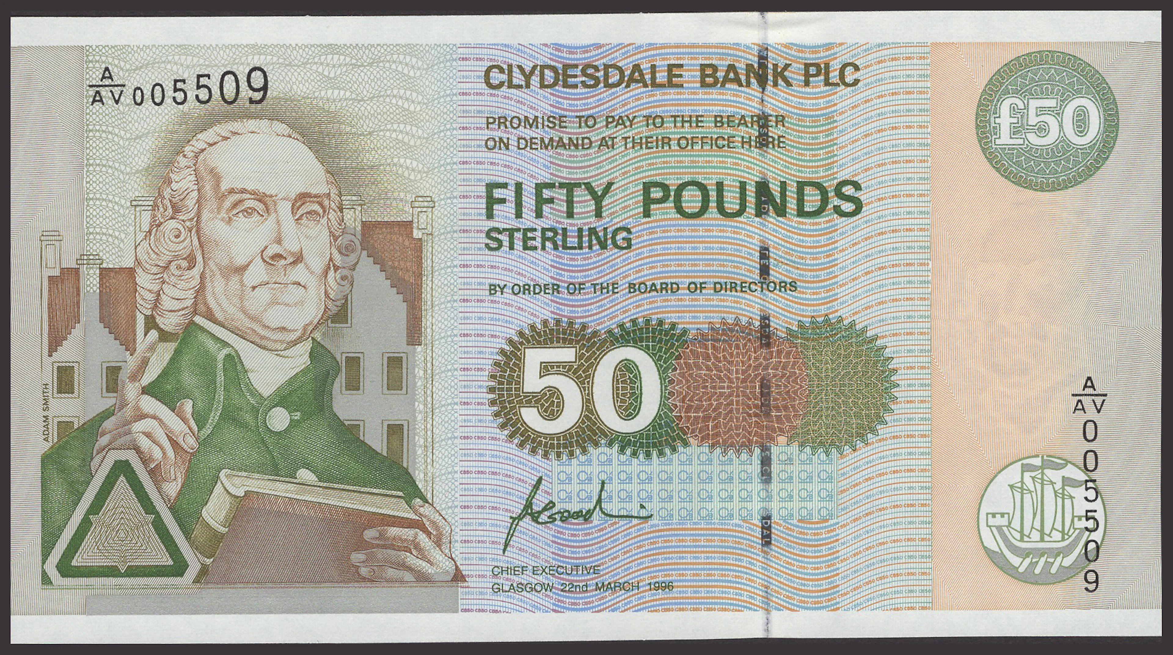 Clydesdale Bank PLC, £50, 22 March 1996, serial number A/AV 005509