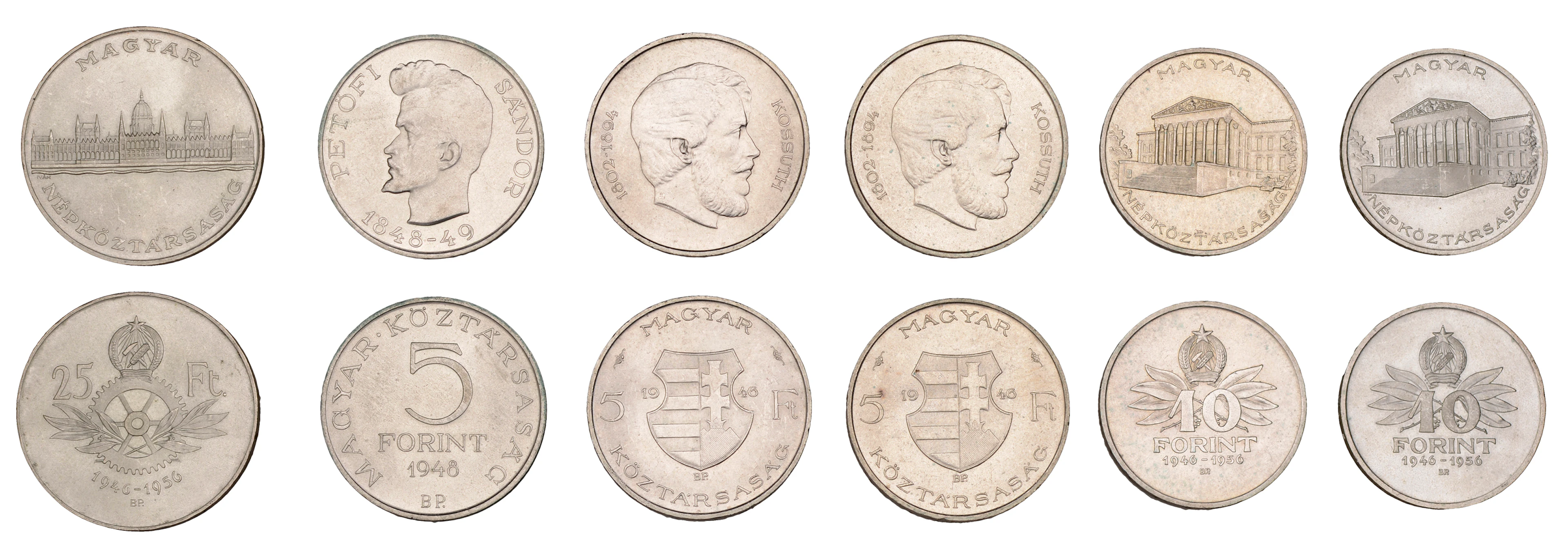 Hungary, Republic, 25 Forint, 1956, 10 Forint (2), both 1956, 5 Forint