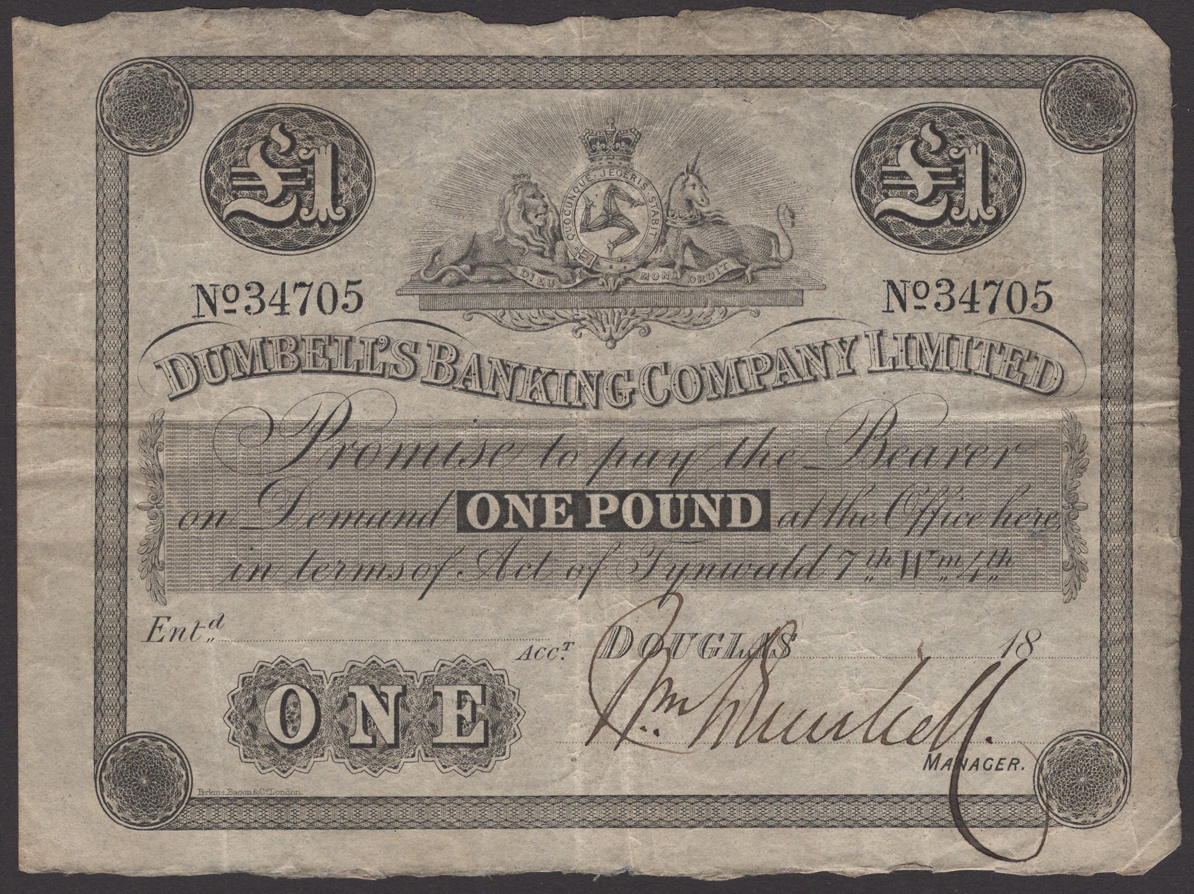 Dumbells Banking Company Ltd, part-issued £1, 18- (1875-8), serial