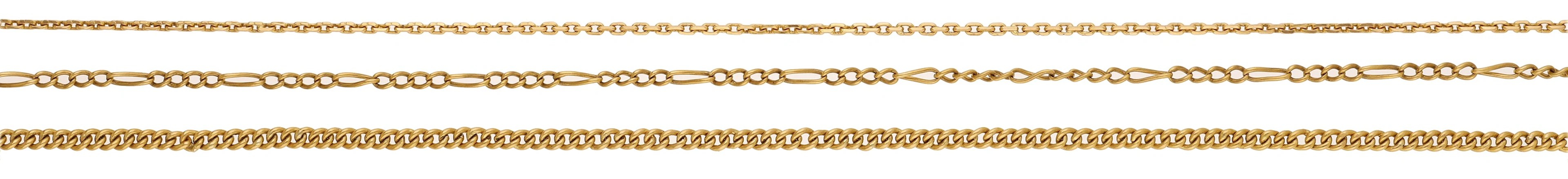 Three gold chains, first, a cable-link chain, second, a figaro-link