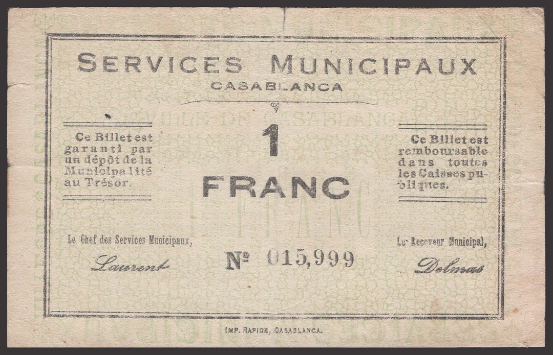 Services Municipaux, Casablanca, Morocco, 1 Franc, 1919, serial number