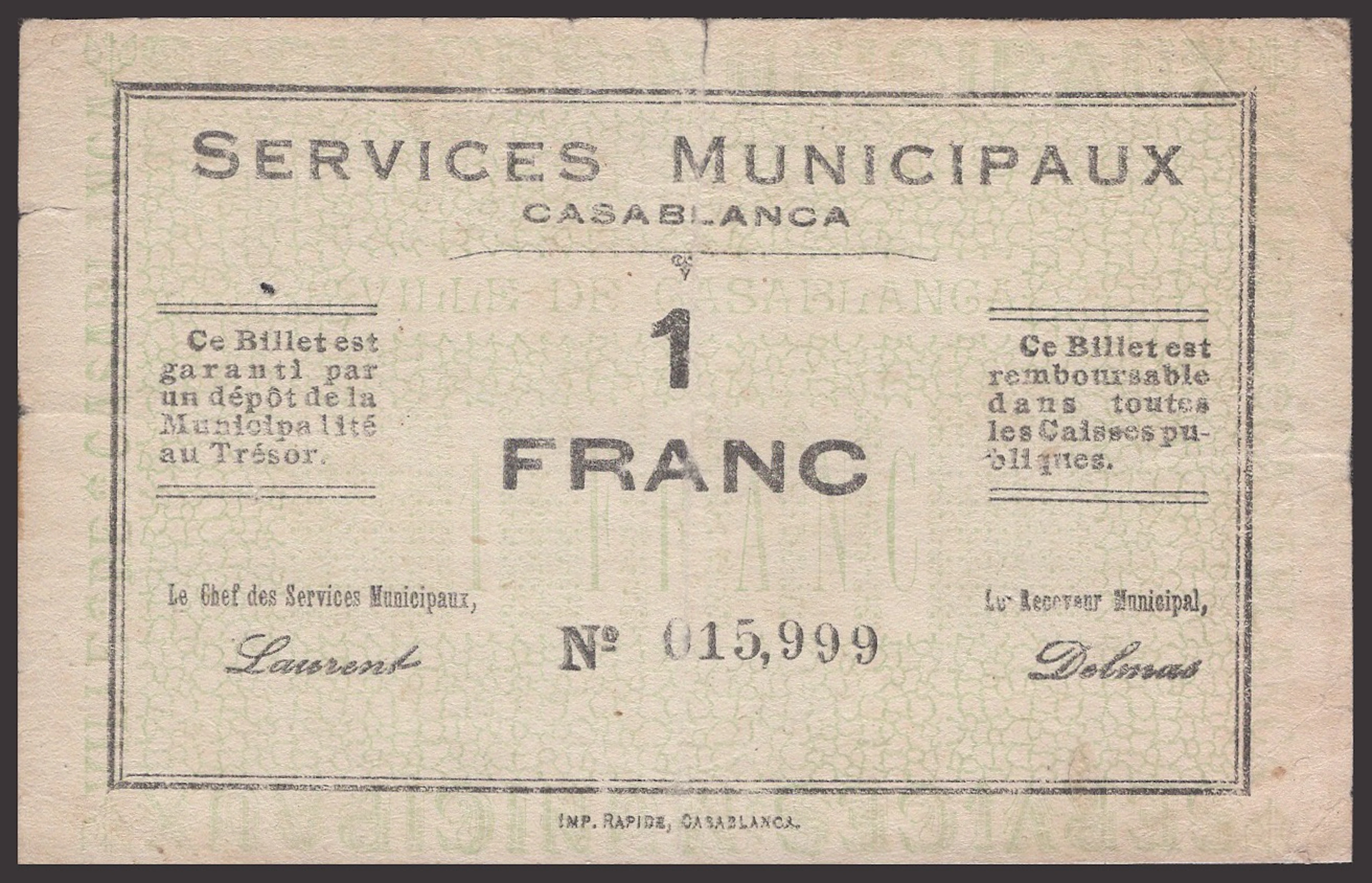 Services Municipaux, Casablanca, Morocco, 1 Franc, 1919, serial number