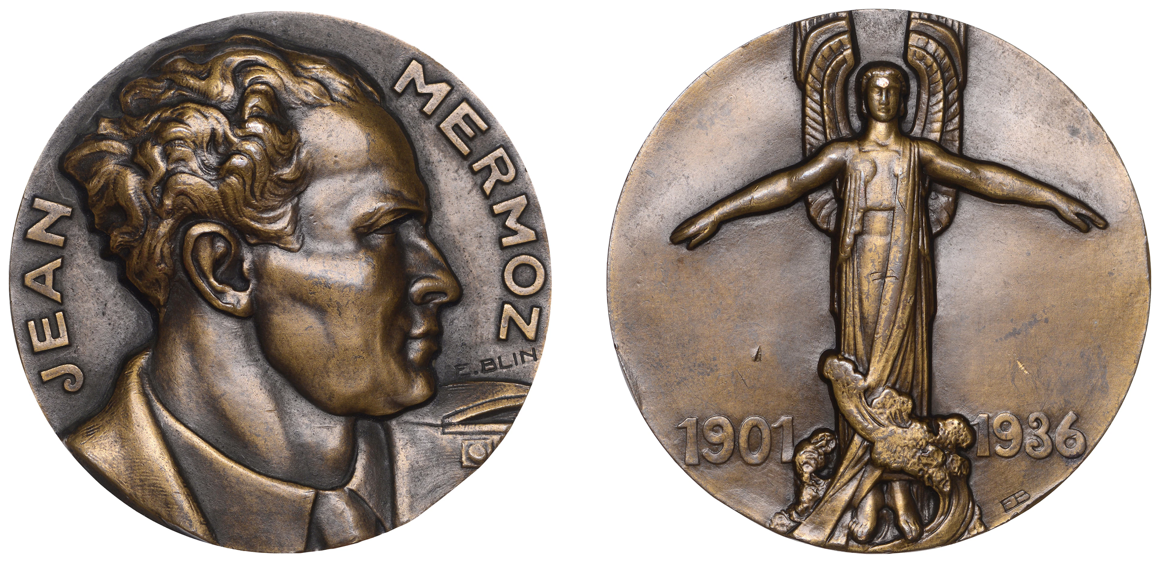 FRANCE, Jean Mermoz, 1936, an Art Déco bronze medal by E.-P. Blin