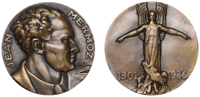 FRANCE, Jean Mermoz, 1936, an Art Déco bronze medal by E.-P. Blin