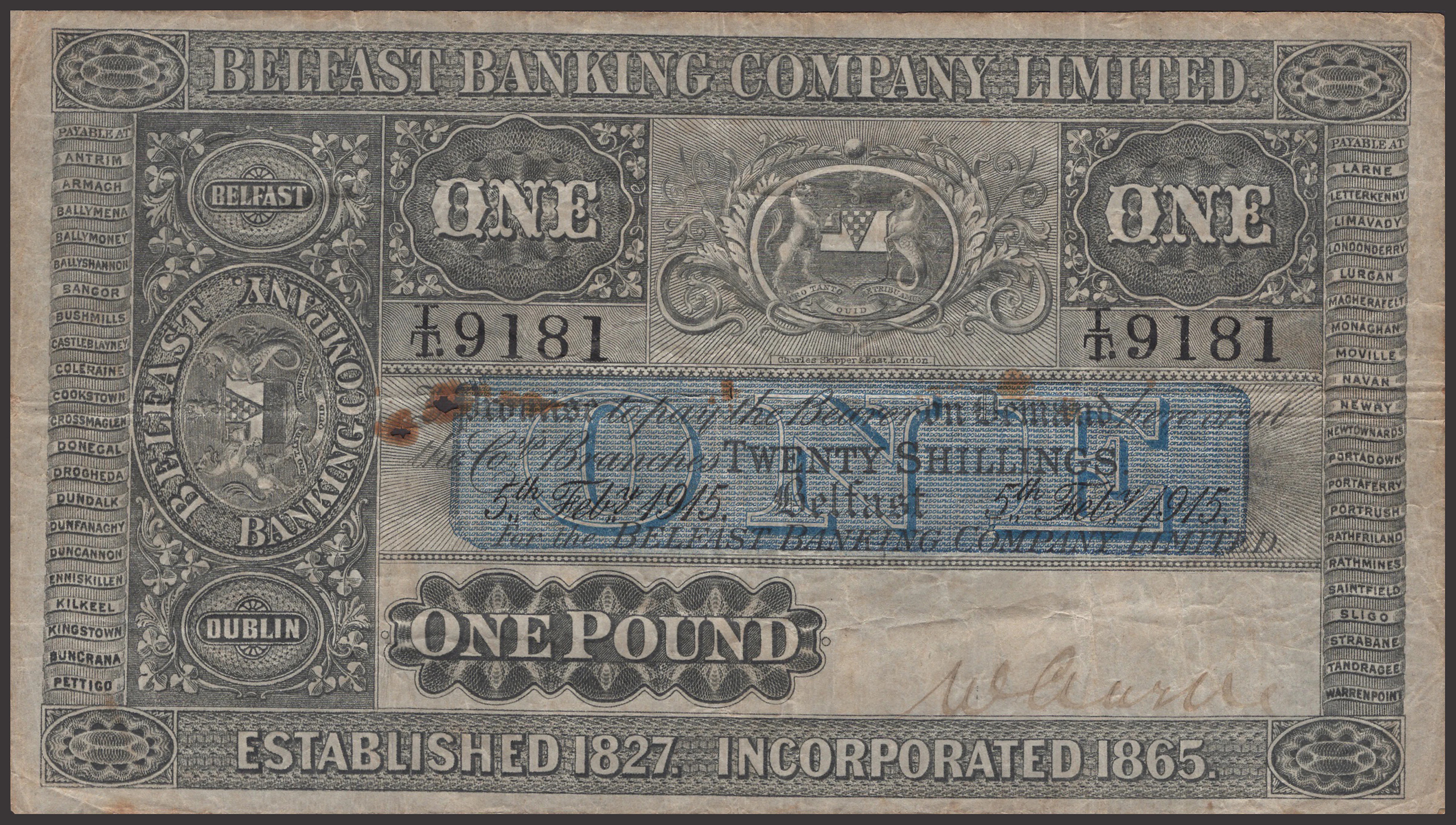 Belfast Banking Company Limited, £1, 5 February 1915, serial number