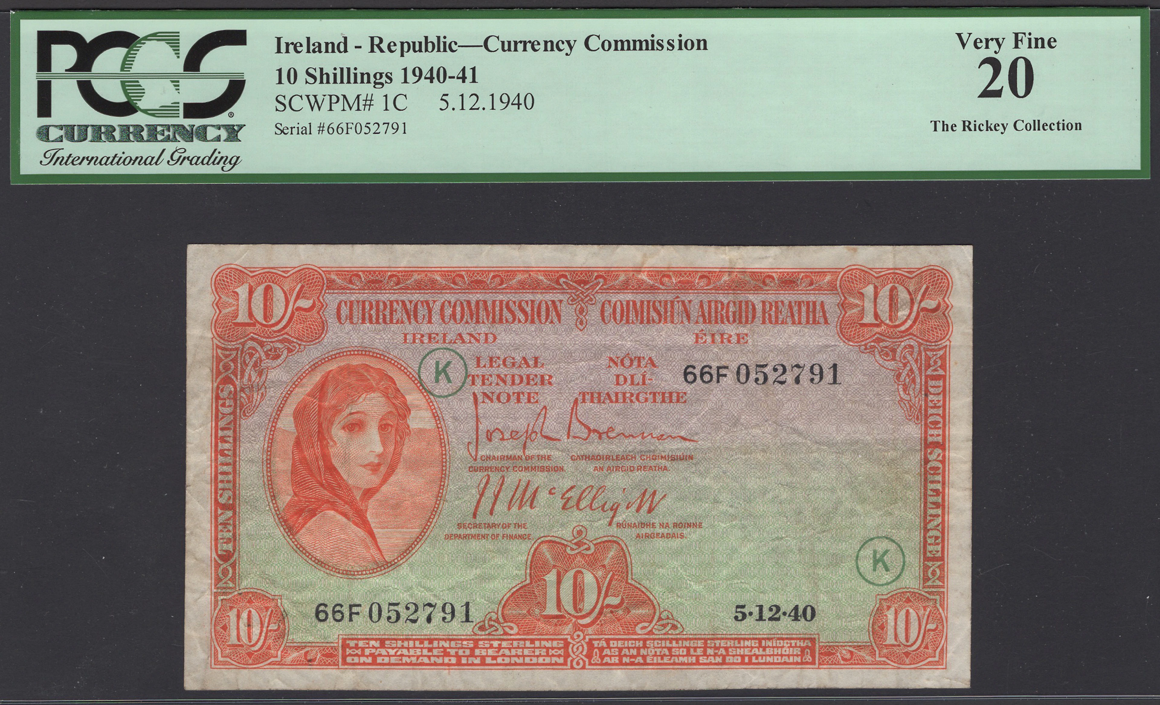 Currency Commission, Ireland, 10 Shillings, 5 December 1940, serial