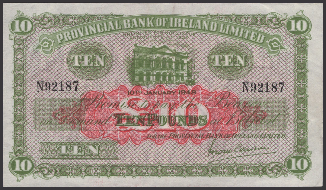 Provincial Bank of Ireland Ltd, £10, 10 January 1948, serial number