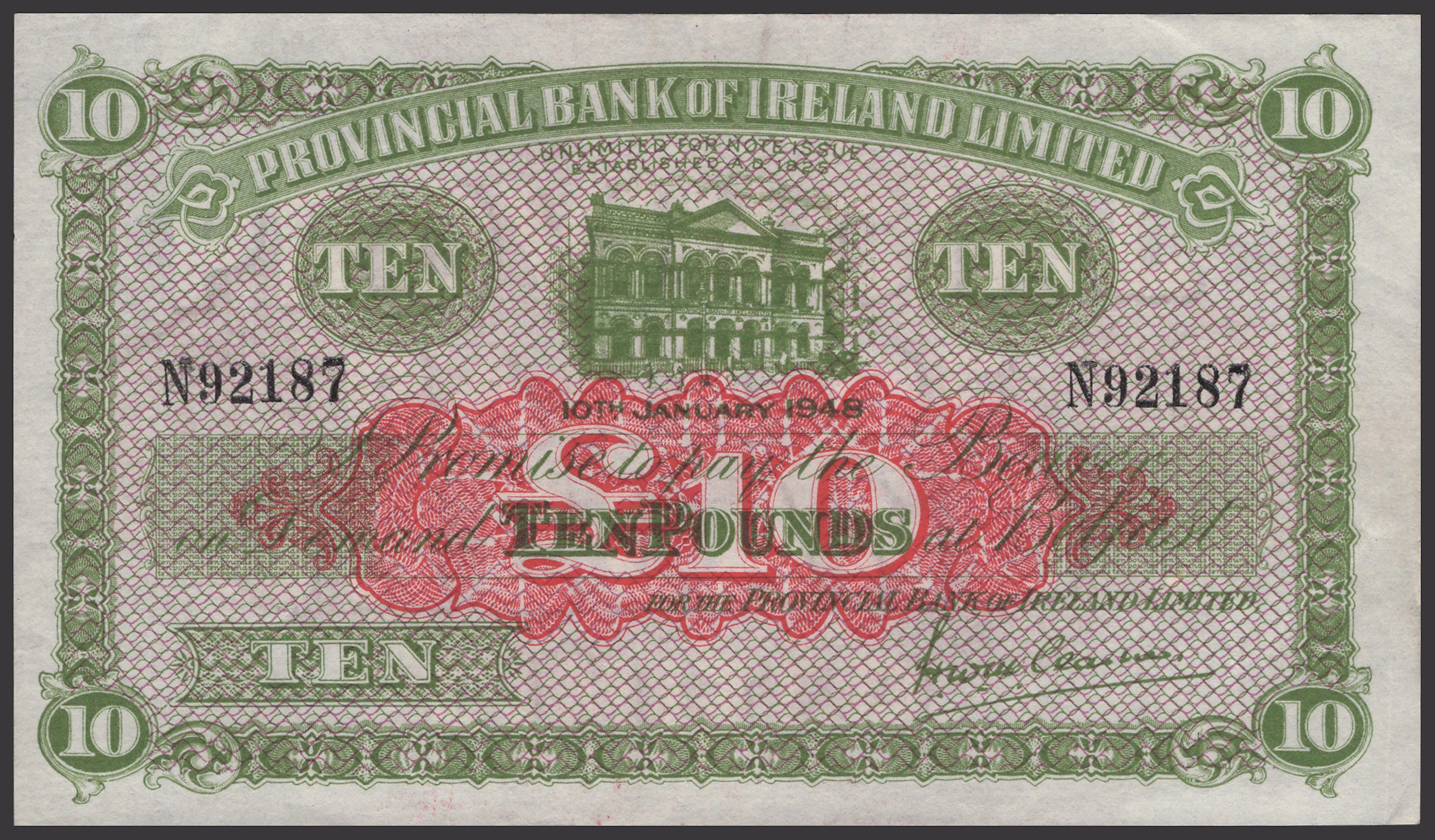 Provincial Bank of Ireland Ltd, £10, 10 January 1948, serial number