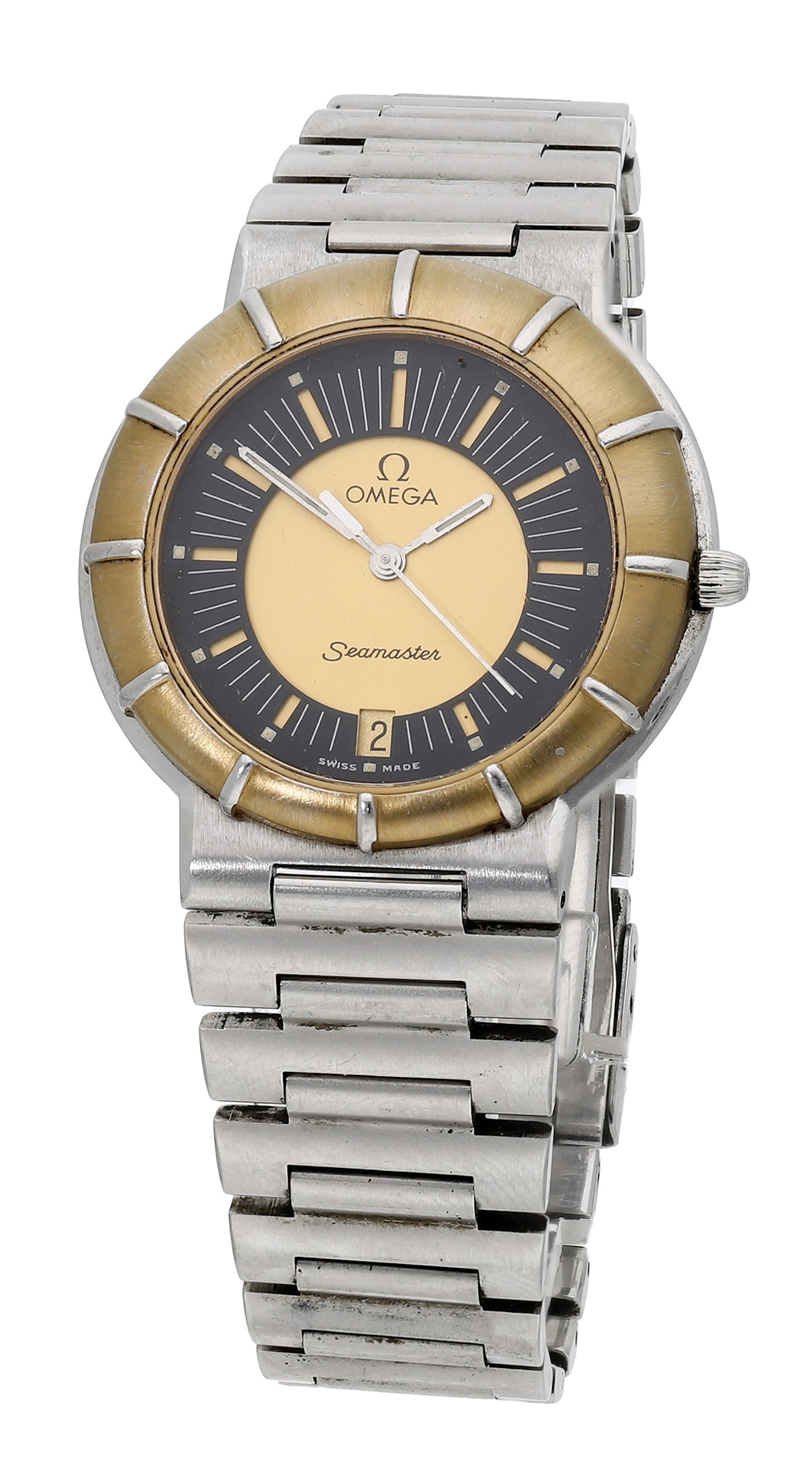 Omega. A stainless steel and gold wristwatch with date and bracelet