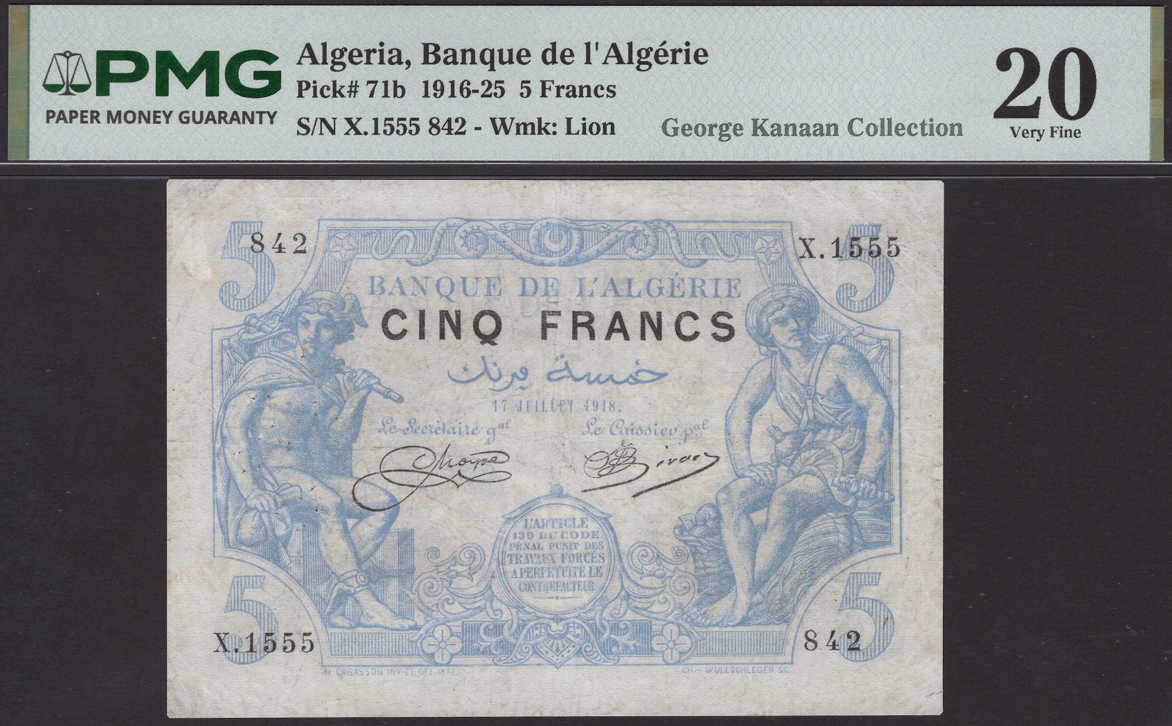Banque de l’Algerie, 5 Francs, 17 July 1918, serial number X.1555