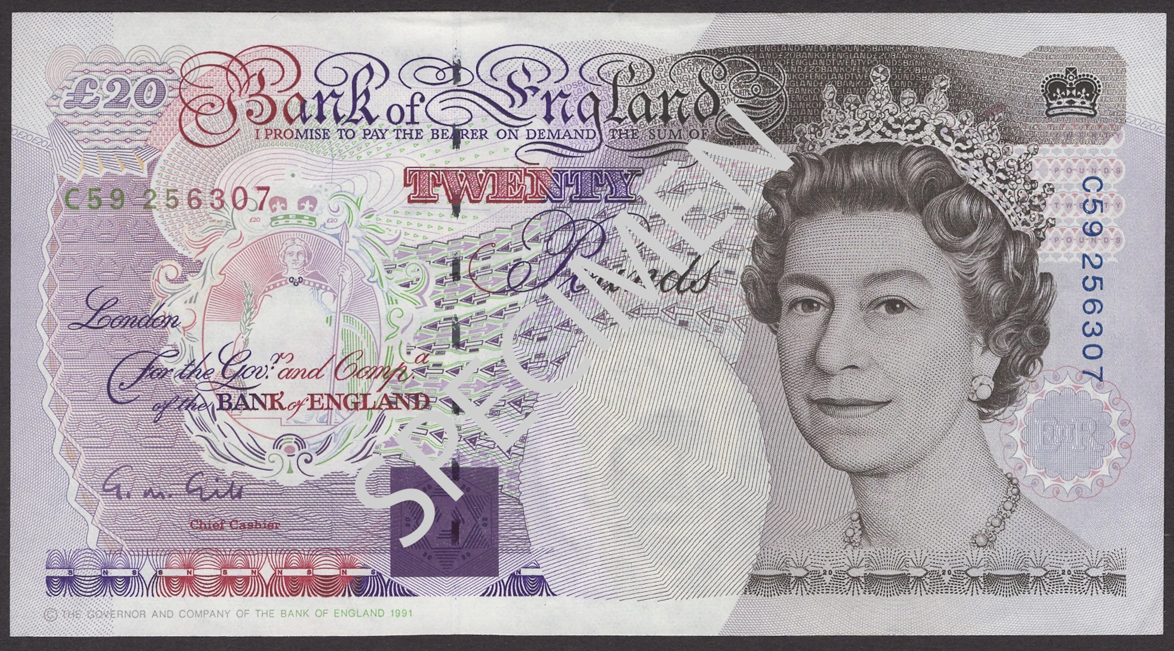 ERROR: Bank of England, George M. Gill, £20, 5 June 1991, serial number