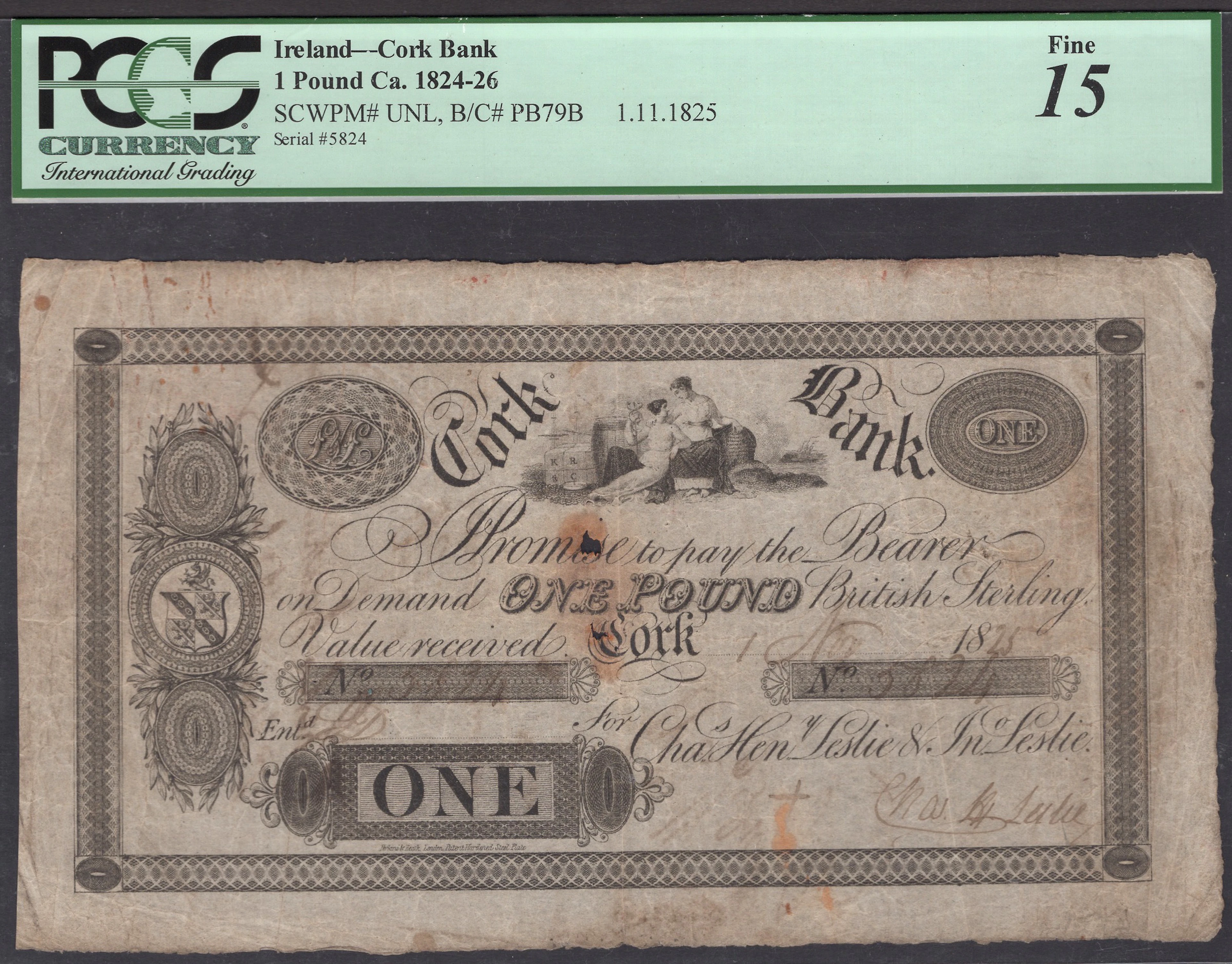 Cork Bank, for Charles Henry Leslie & John Leslie, £1, 1825, serial