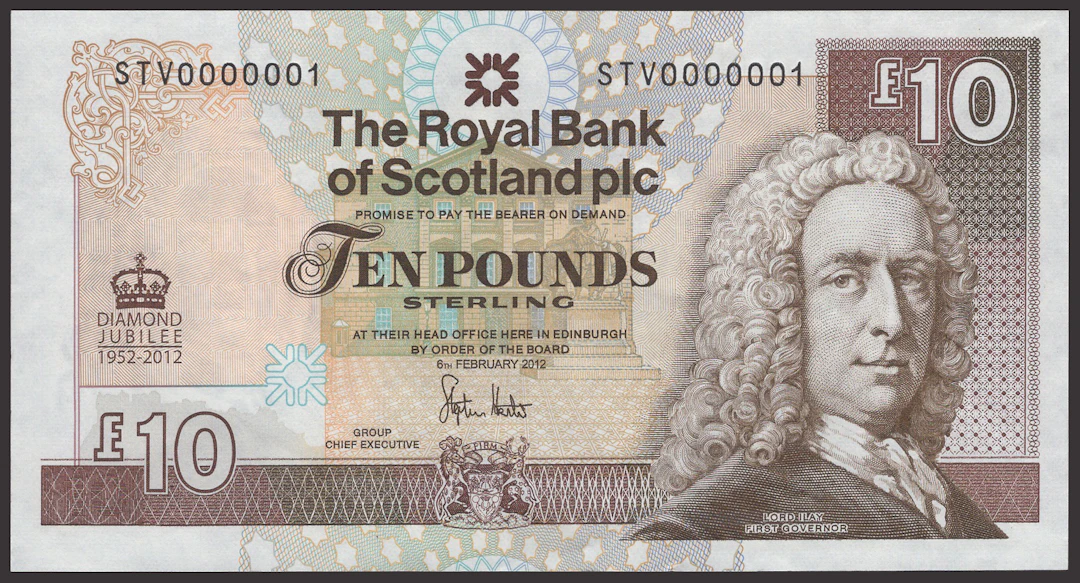 Royal Bank of Scotland PLC, £10, 6 February 2012, serial number STV0000001