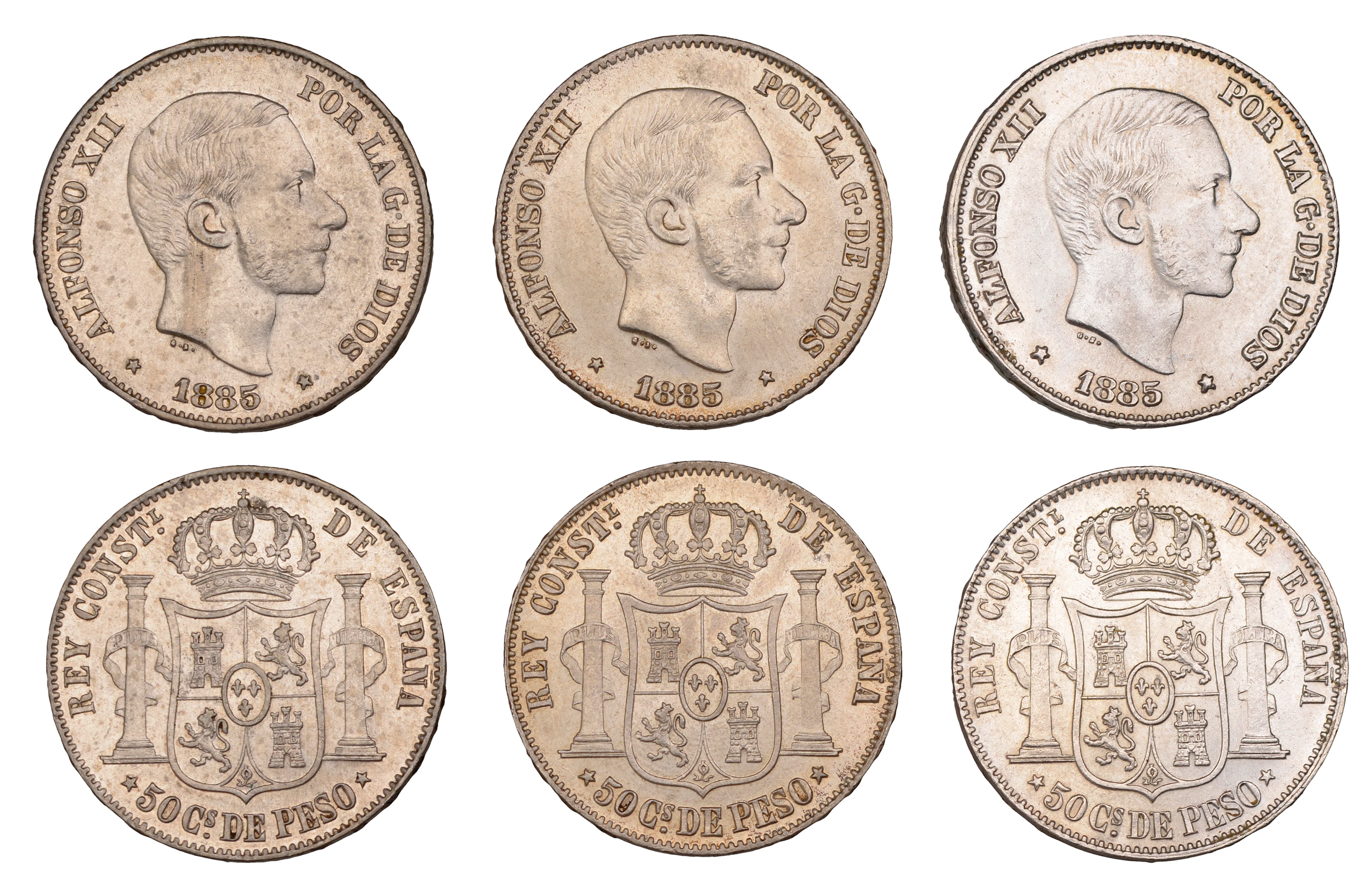 Philippines, Alfonso XII, 50 Centavos (3), all 1885, Manila (KM 150)
