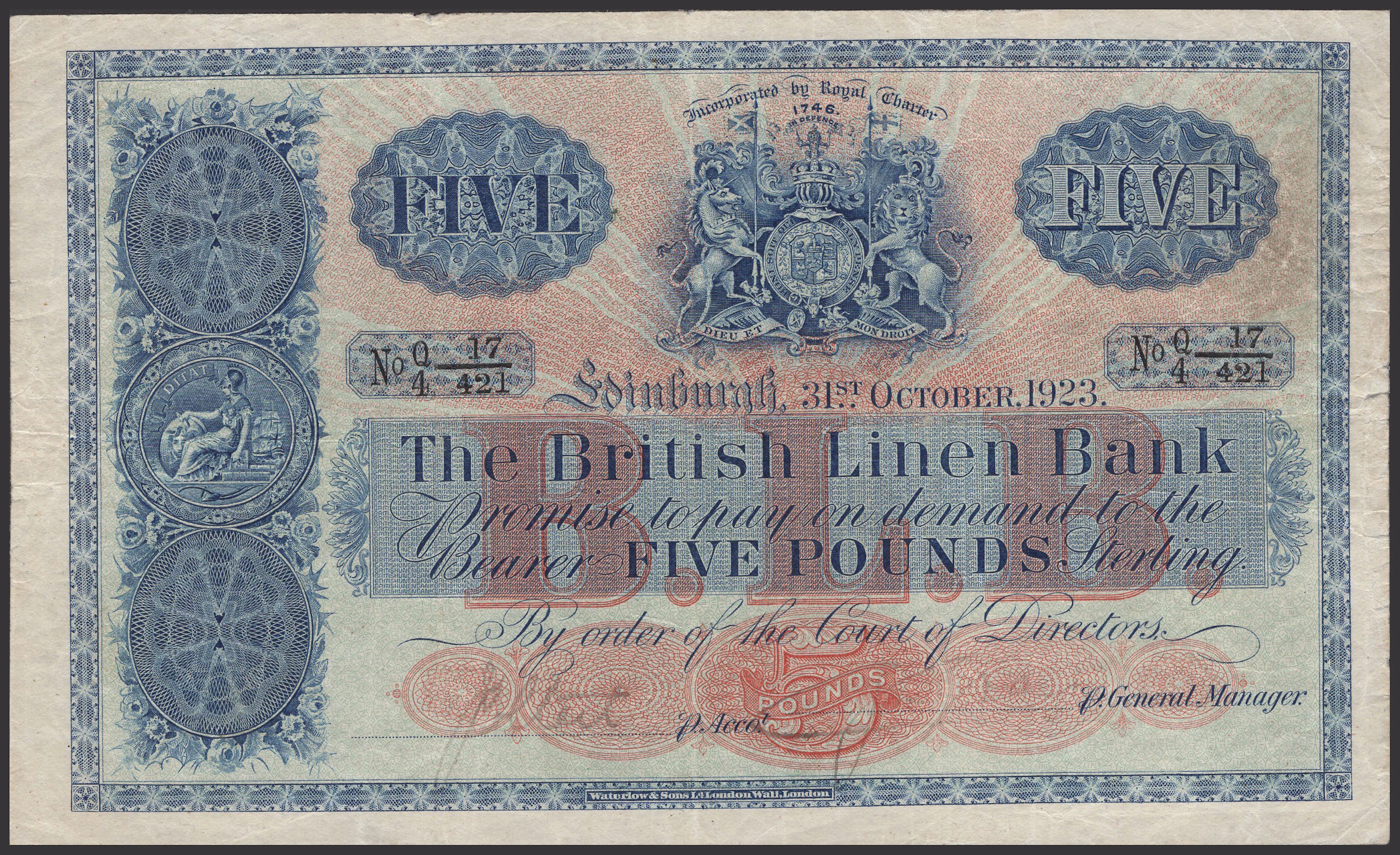 British Linen Bank, £5, 31 October 1923, serial number Q/4 17/421