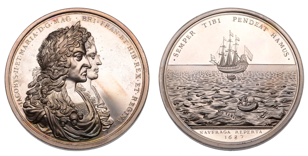 Spanish Wreck Recovered, dated 1687 (1971), a restrike silver medal