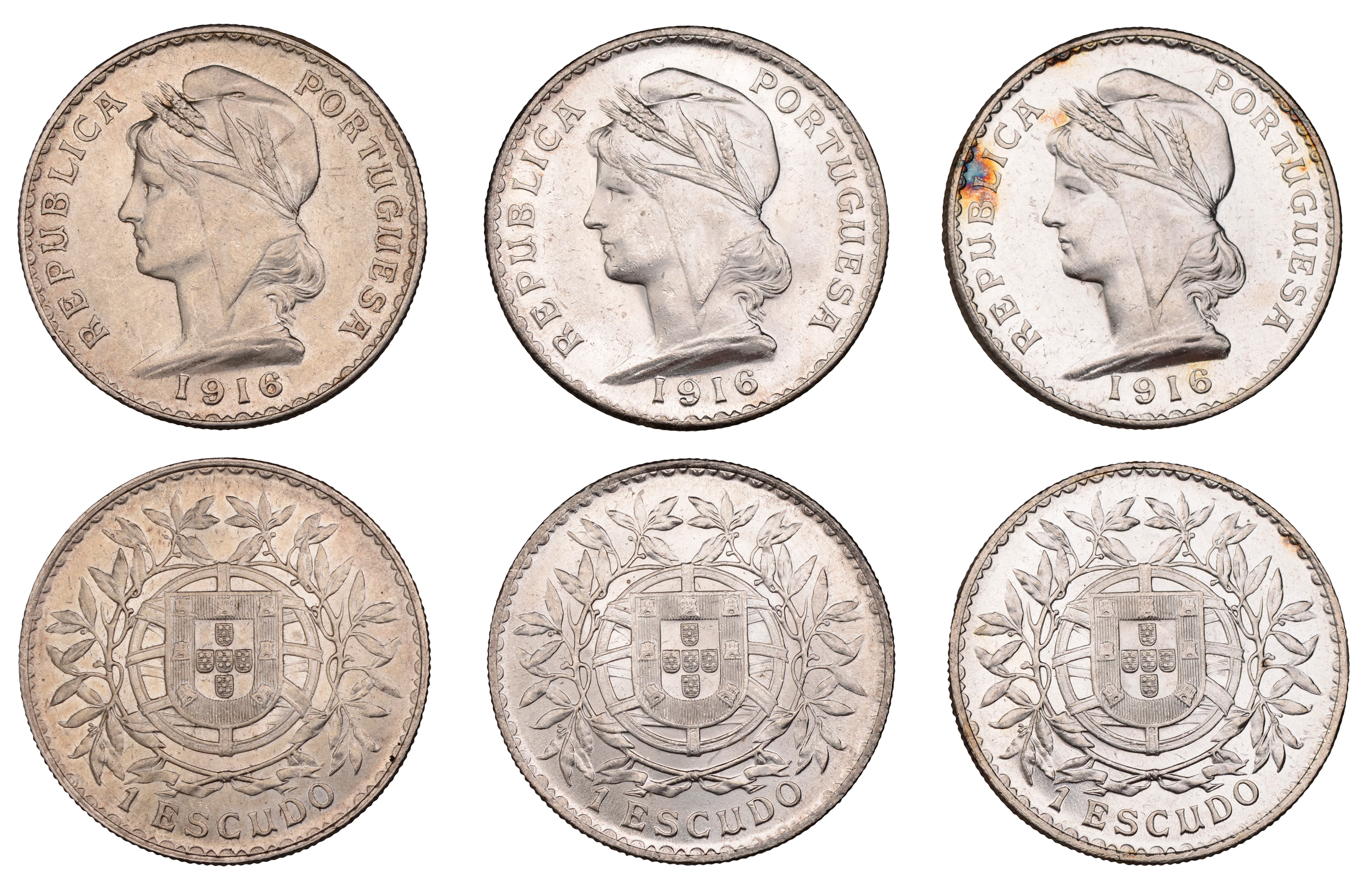 Portugal, Republic, Escudo (3), all 1916, Lisbon (KM 564) [3]. Extremely