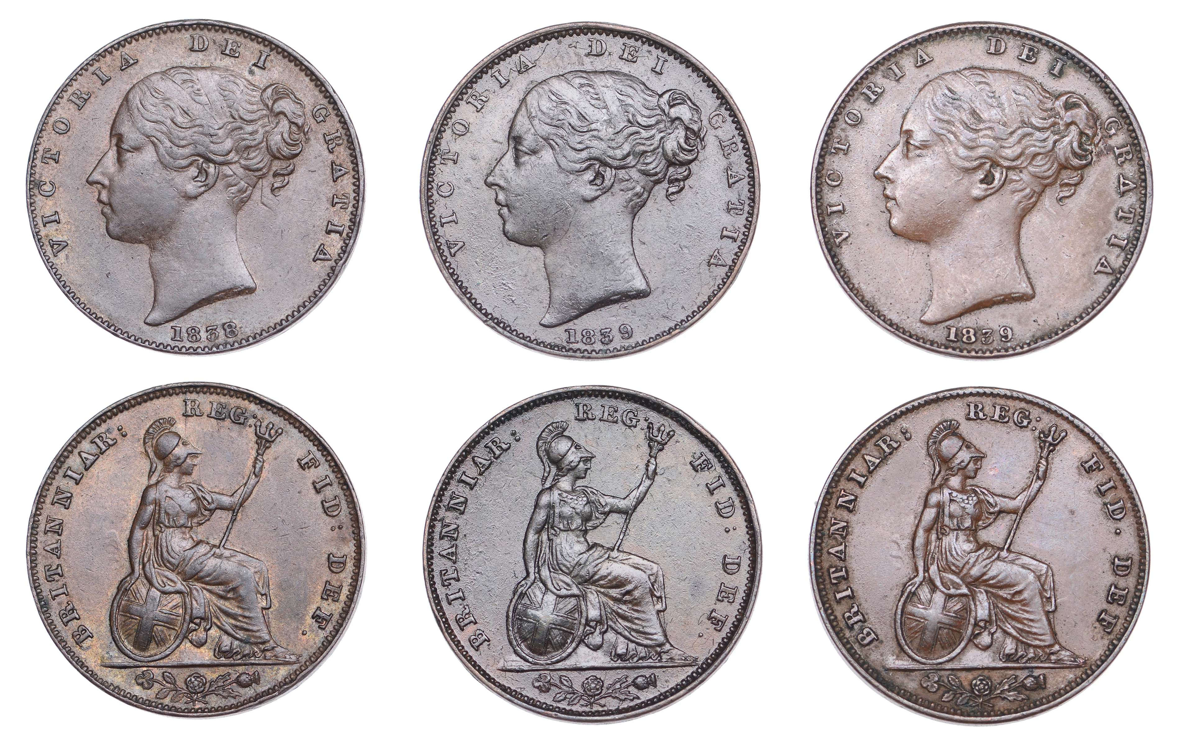 Victoria, Farthings (3), 1838, 1839 (2), one with broken trident prong