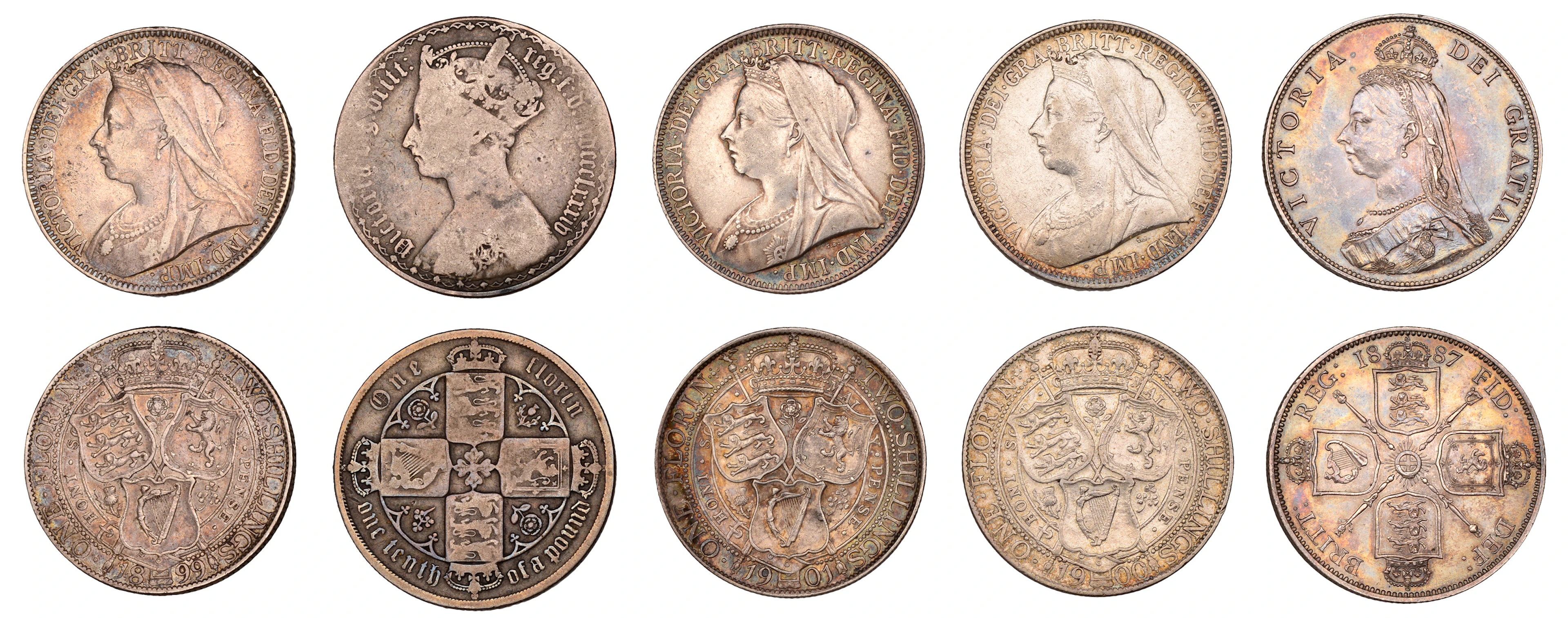 Victoria, Florins (5), 1884, 1887, 1899, 1900, 1901 (S 3900, 3925
