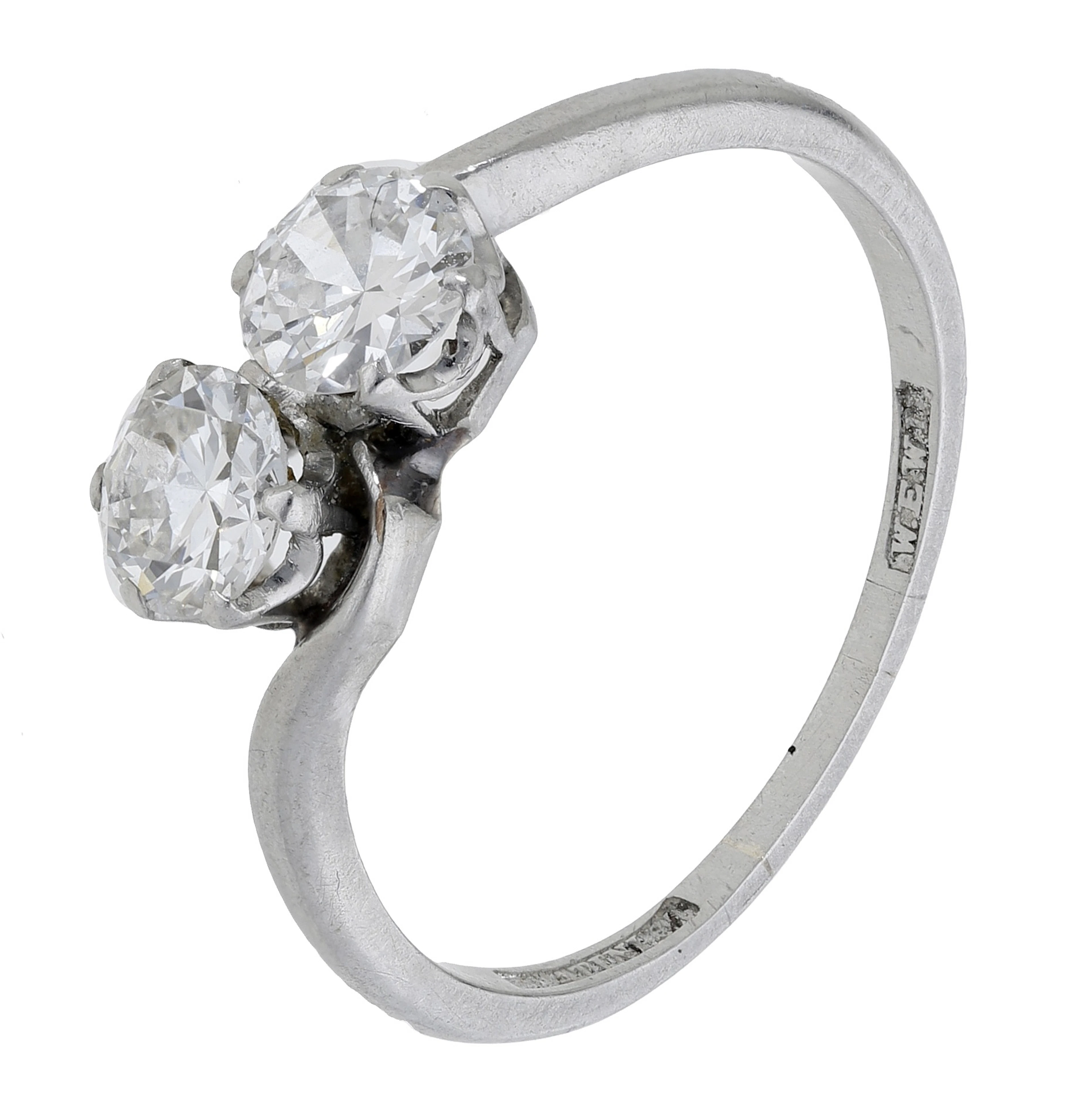 An early 20th century two stone diamond crossover ring, claw-set with