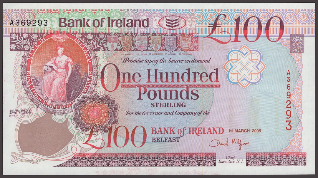 Bank of Ireland, £100, 1 March 2005, serial number A369293, McGowan