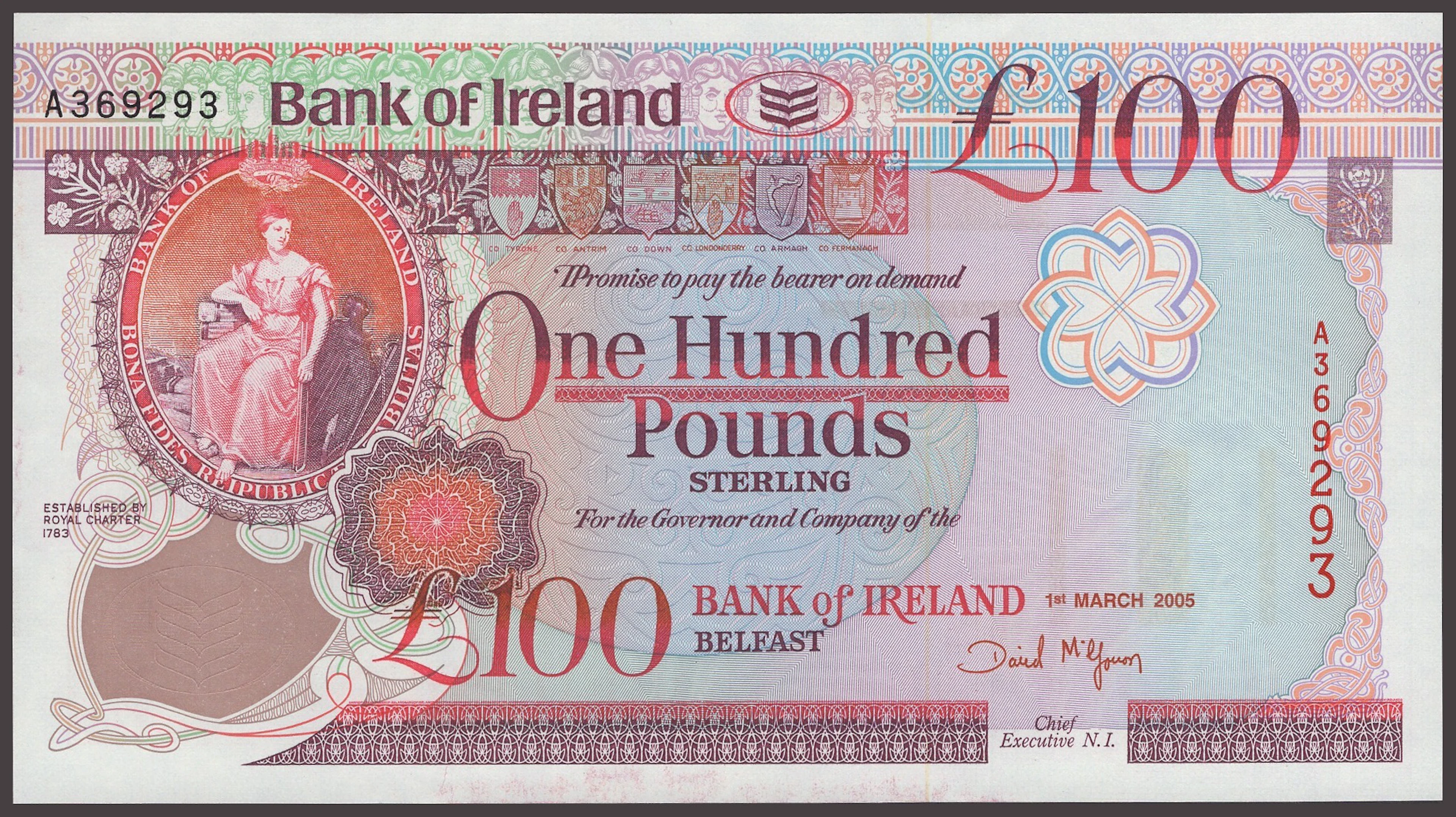 Bank of Ireland, £100, 1 March 2005, serial number A369293, McGowan