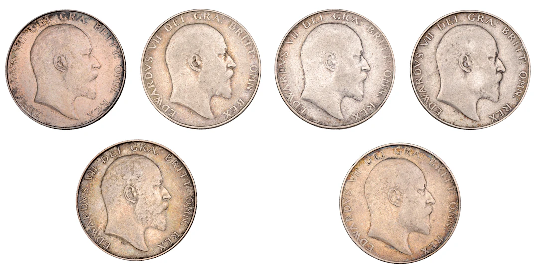Edward VII, Halfcrowns (6), 1904, 1906, 1907, 1908 (2), 1909 (S 3980)