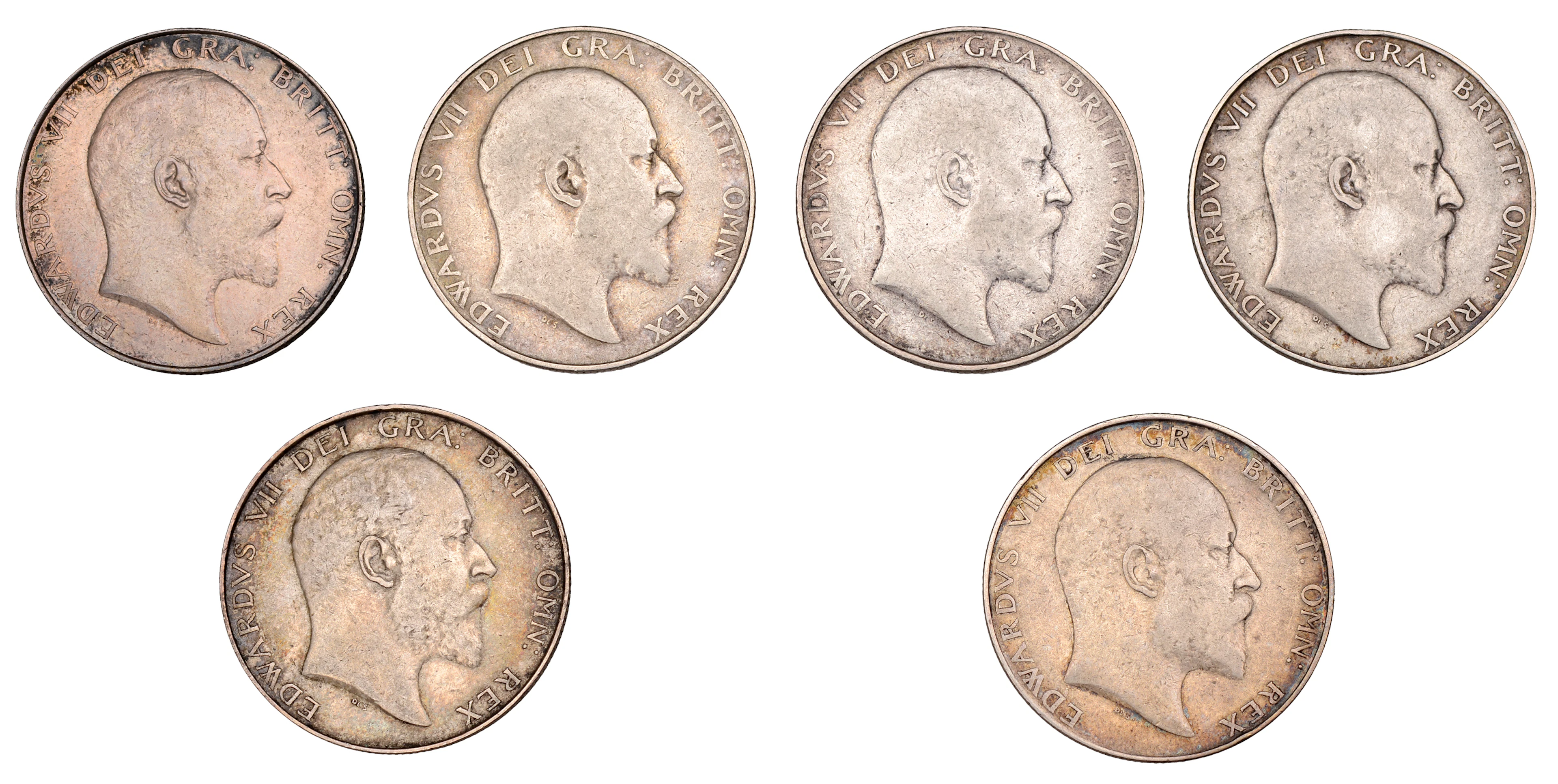 Edward VII, Halfcrowns (6), 1904, 1906, 1907, 1908 (2), 1909 (S 3980)