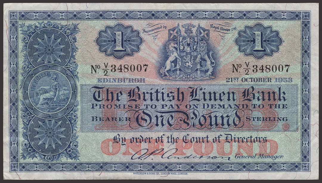British Linen Bank, £1 (10), 21 October 1953, prefix V/2, 12 May 1959