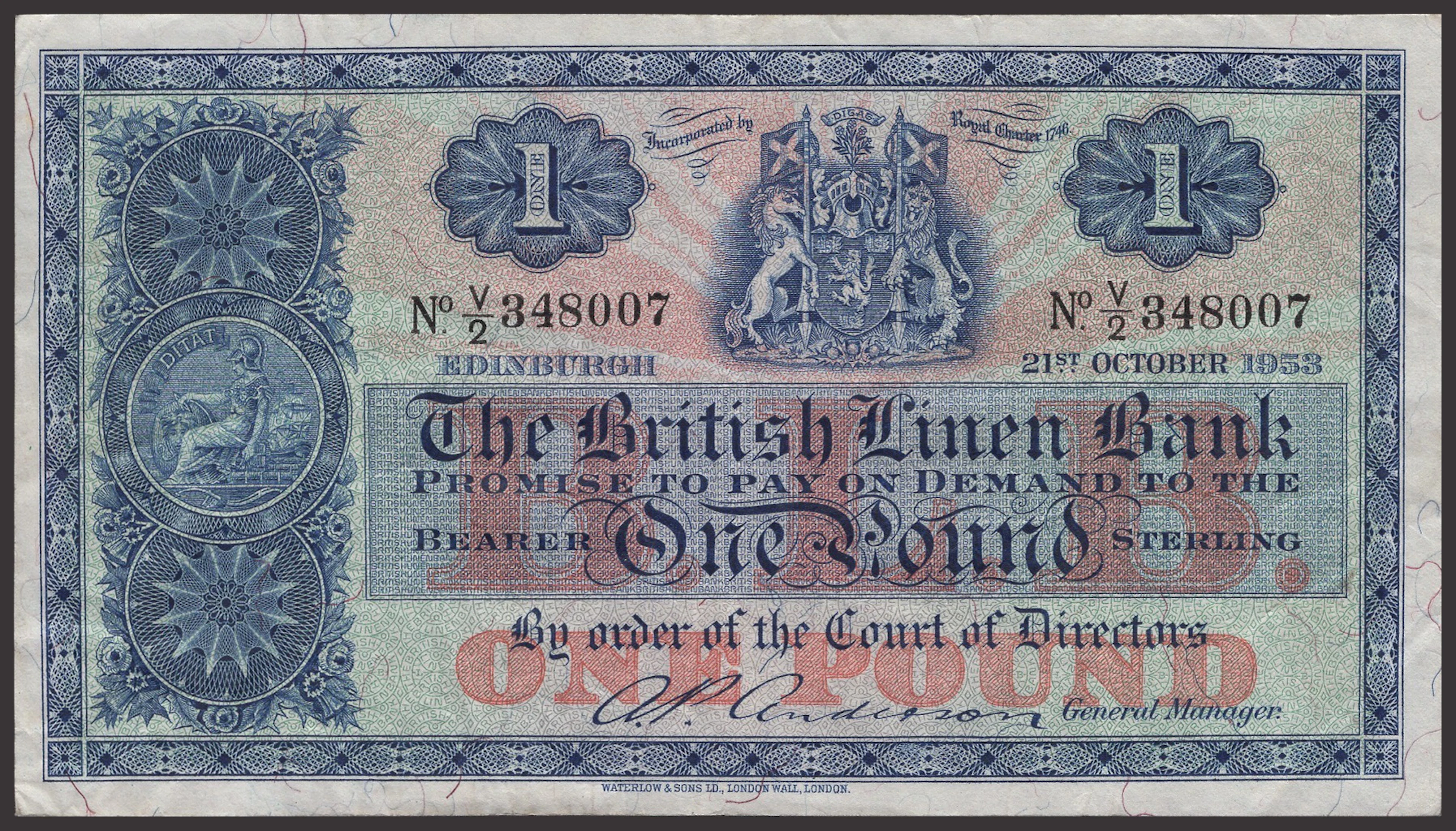 British Linen Bank, £1 (10), 21 October 1953, prefix V/2, 12 May 1959