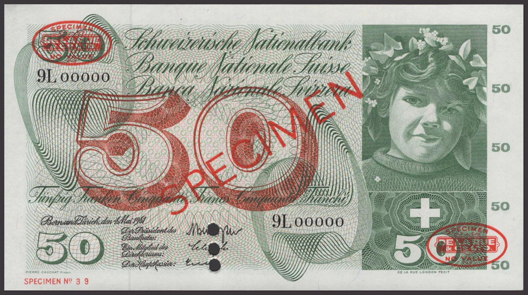 Schweizerische Nationalbank, specimen 50 Franken, 4 May 1961, serial