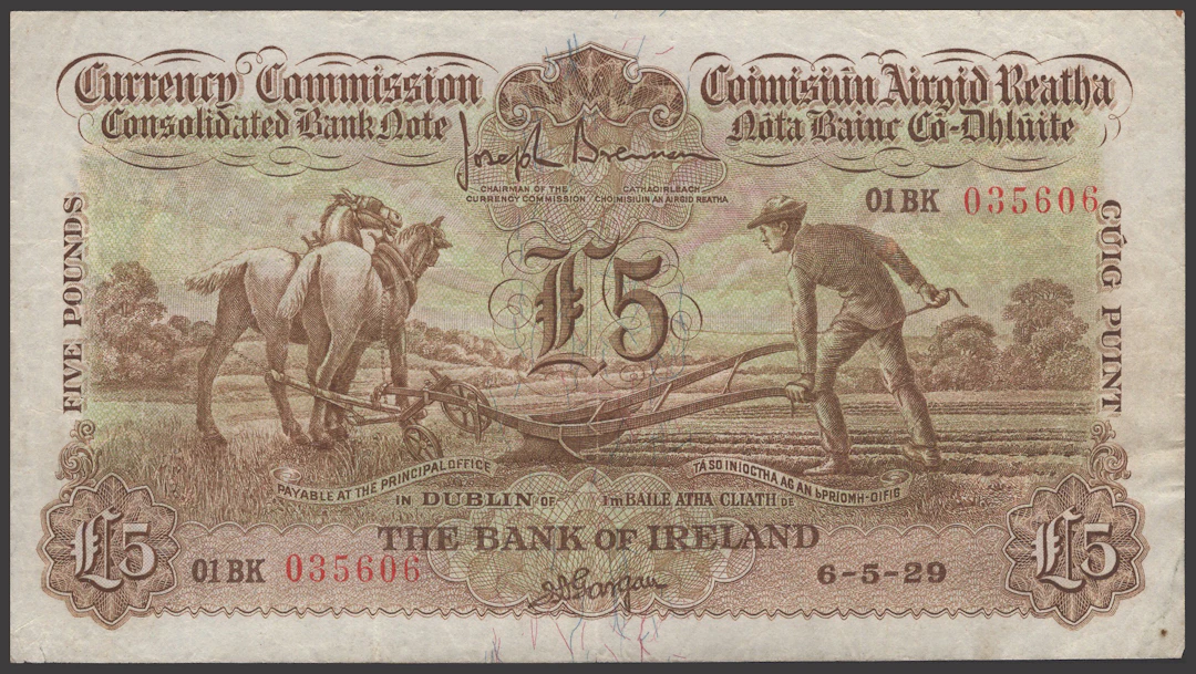 Currency Commission, Bank of Ireland, £5, 6 May 1929, serial number