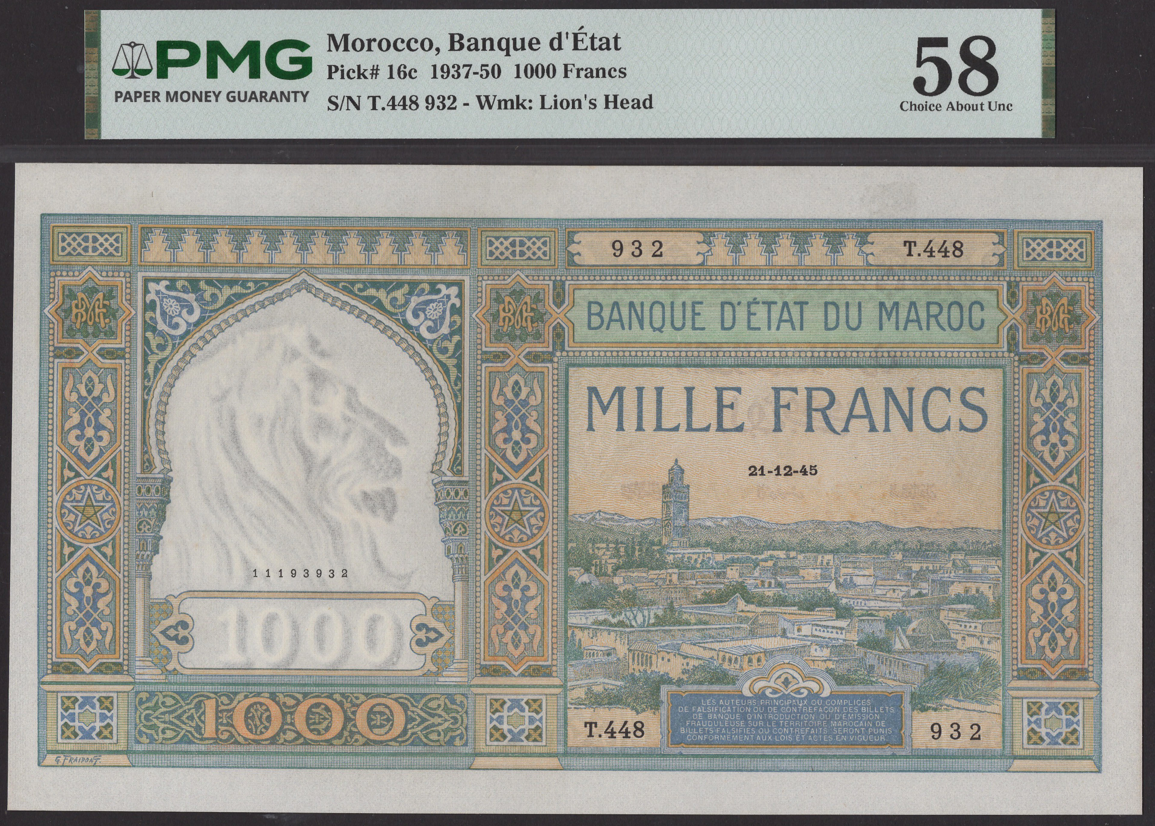 Banque d’Etat du Maroc, 1000 Francs, 21 December 1945, serial number