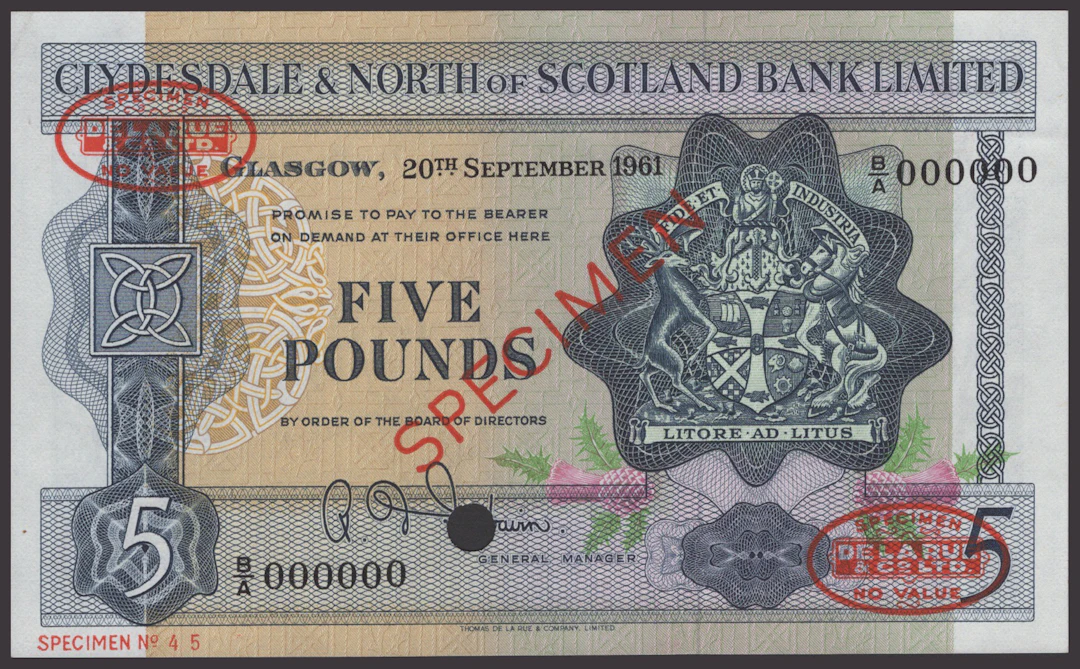 Clydesdale & North of Scotland Bank Limited, specimen £5, 20 September