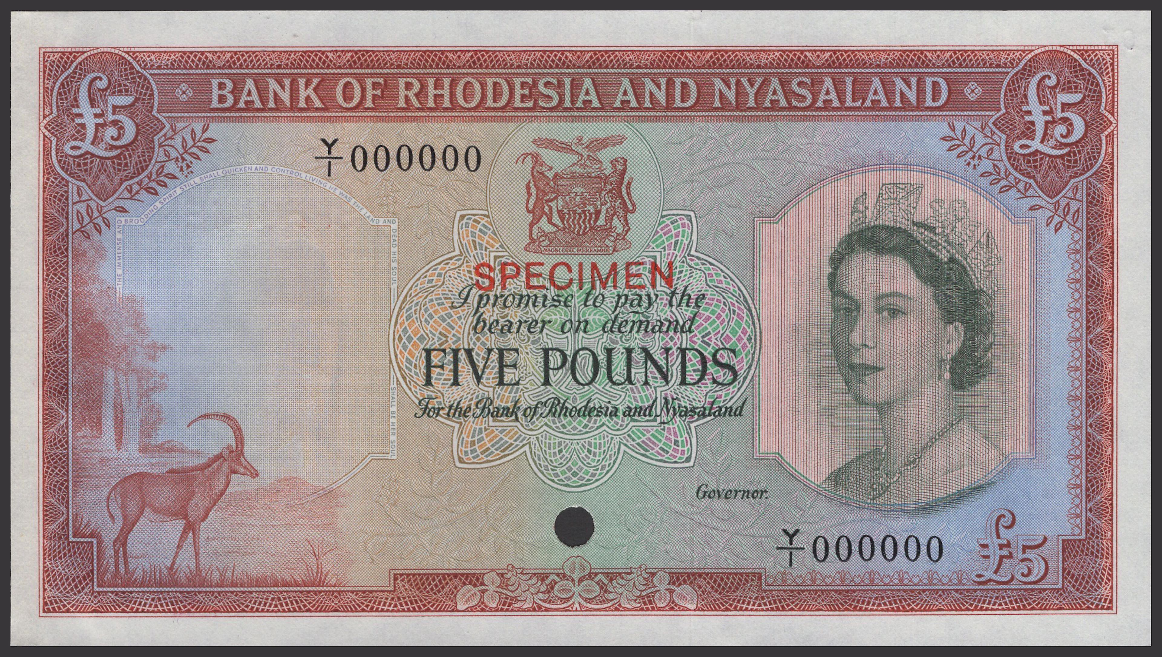 Bank of Rhodesia and Nyasaland, colour trial £5, ND (1956-62), serial