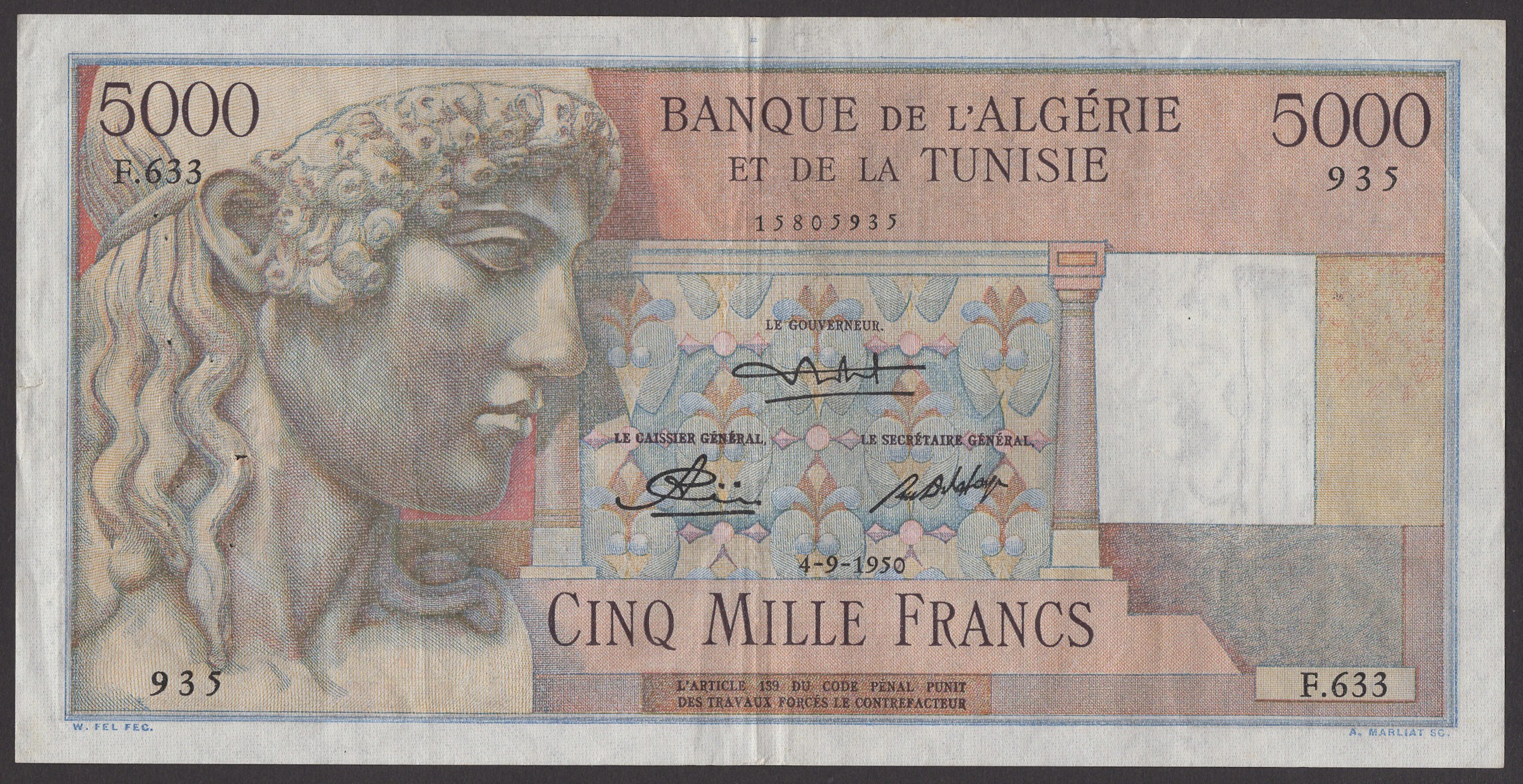 Banque de l’Algerie et de la Tunisie, 5000 Francs (2), 4 September