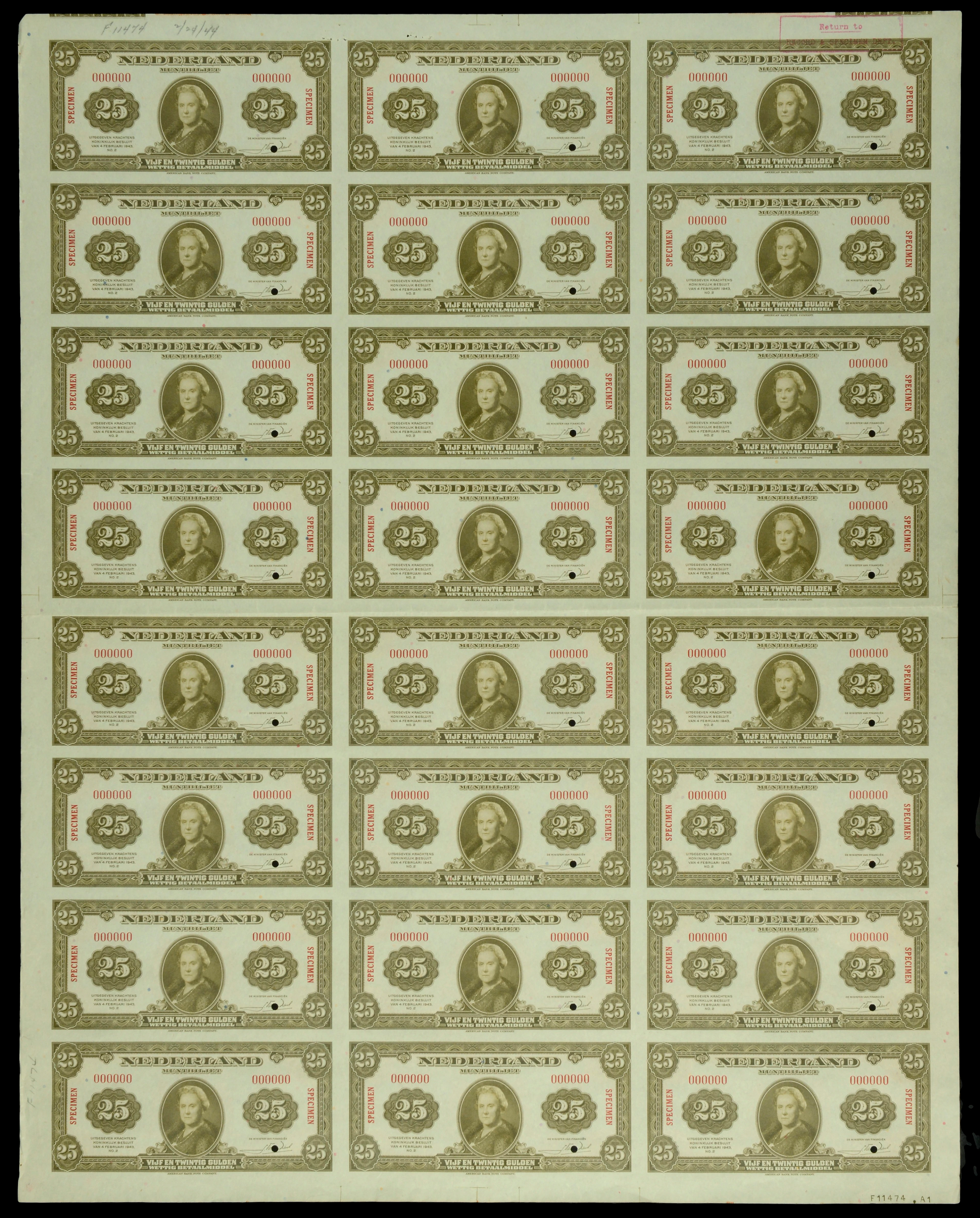 Nederland Muntbiljet, Netherlands, a sheet of twenty four specimen