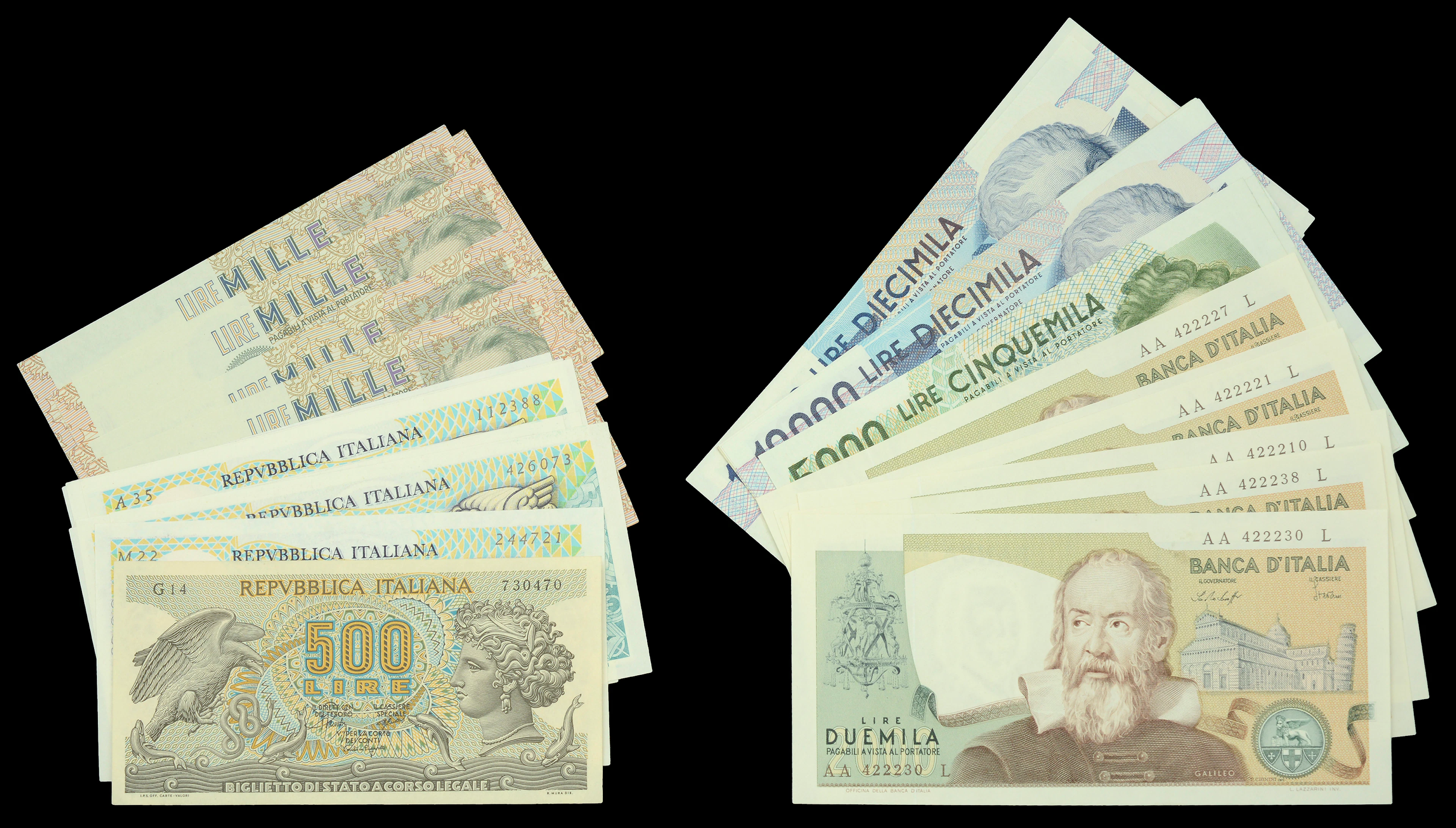 Repubblica Italiana, 500 (10), 1000 (5), 2000 (6), 5000 (2) and 10000
