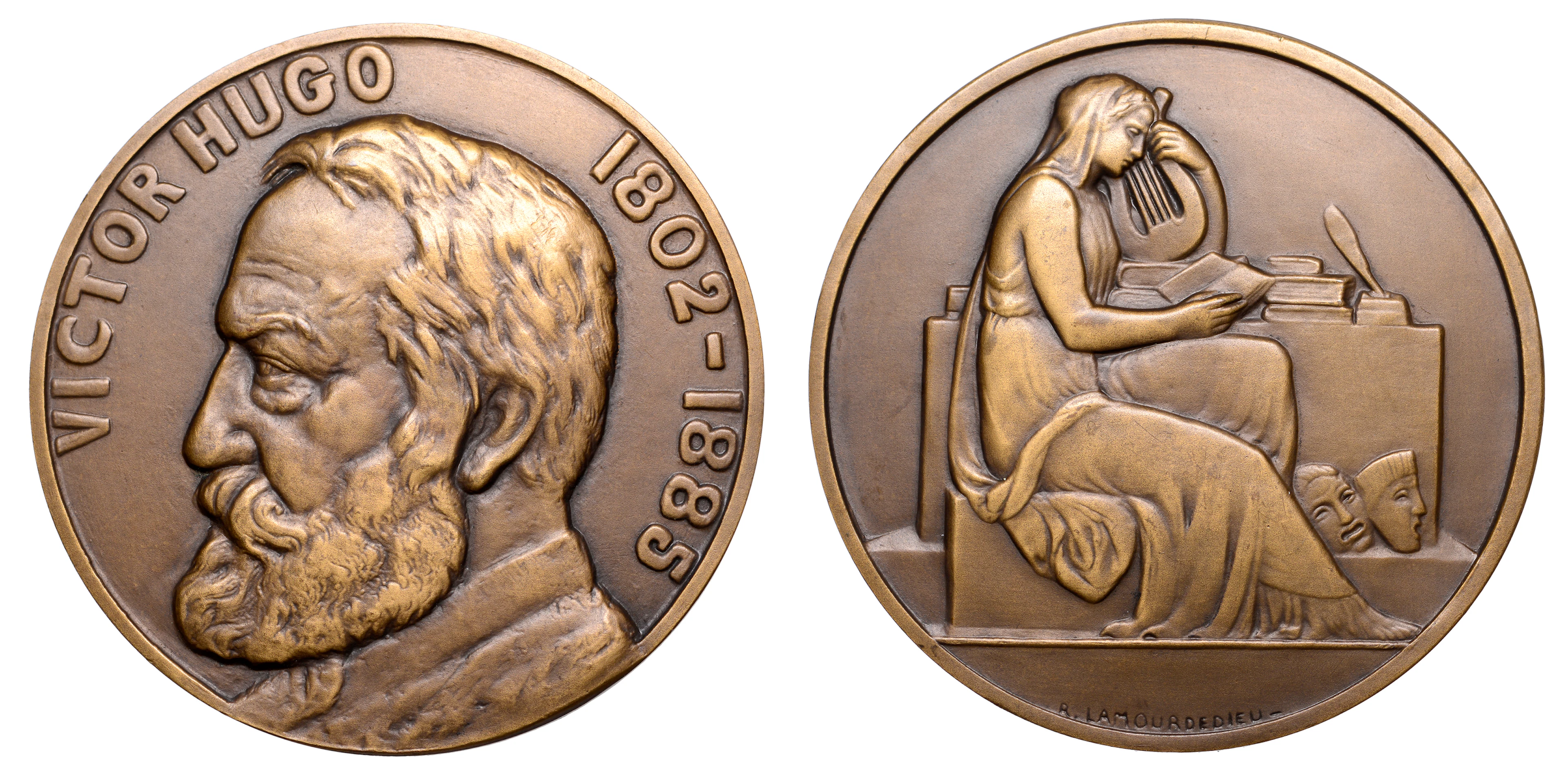 FRANCE, Victor Hugo, 1935, an Art Déco bronze medal by R. Lamourdedieu