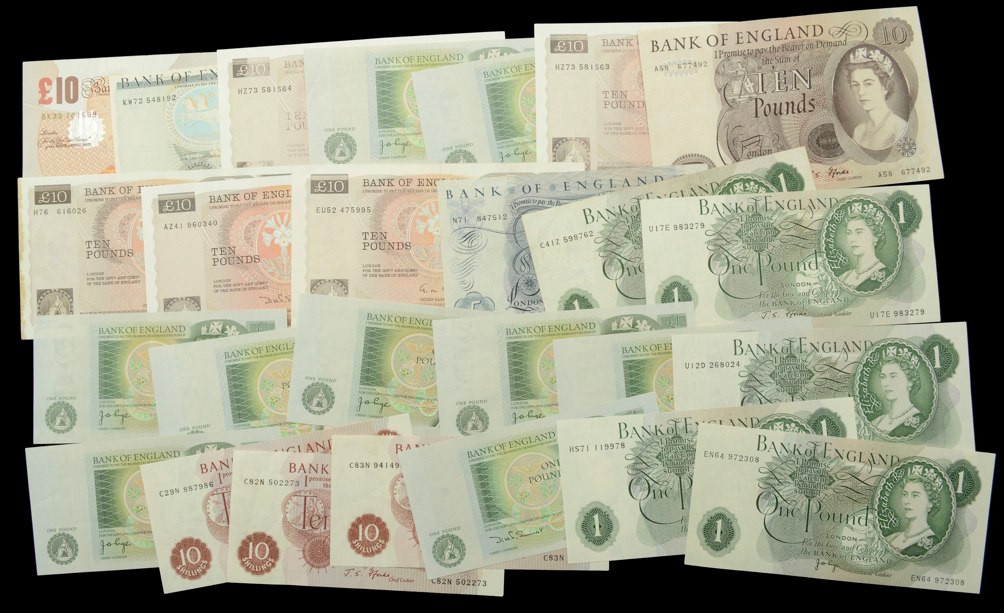 A Mixed Group of Bank of England Notes, cashiers including Hollom