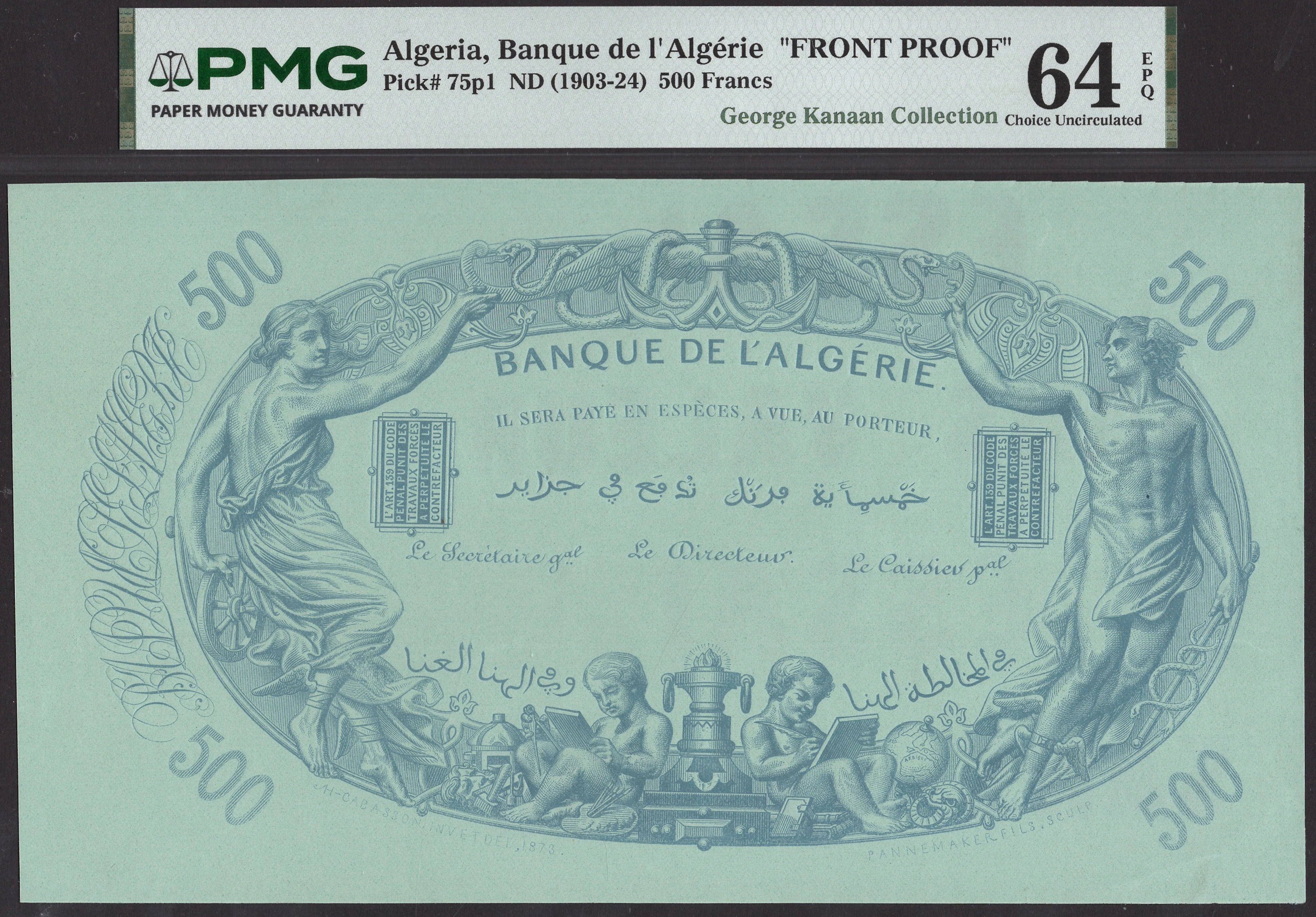 Banque de l’Algerie, obverse proof on pale green paper for 500 Francs