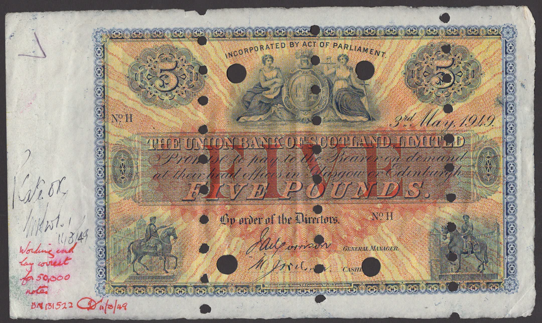 Union Bank of Scotland, printers’ specimen £5, 3 May 1949, serial