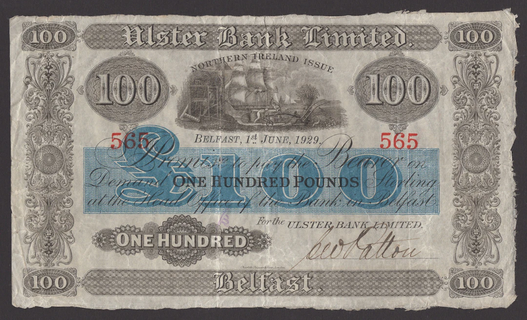 Ulster Bank Limited, £100, 1 June 1929, serial number 565, manuscript