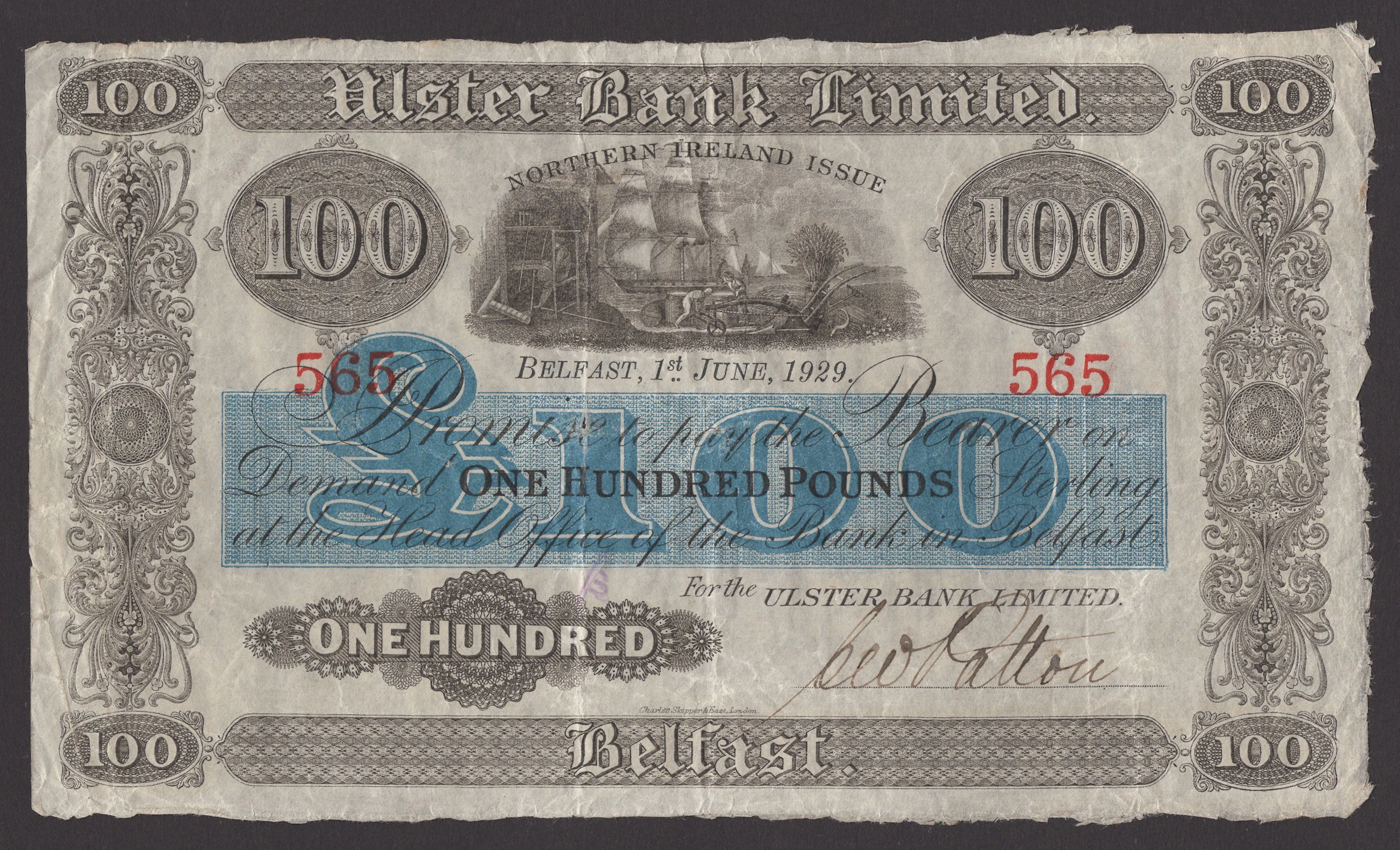 Ulster Bank Limited, £100, 1 June 1929, serial number 565, manuscript