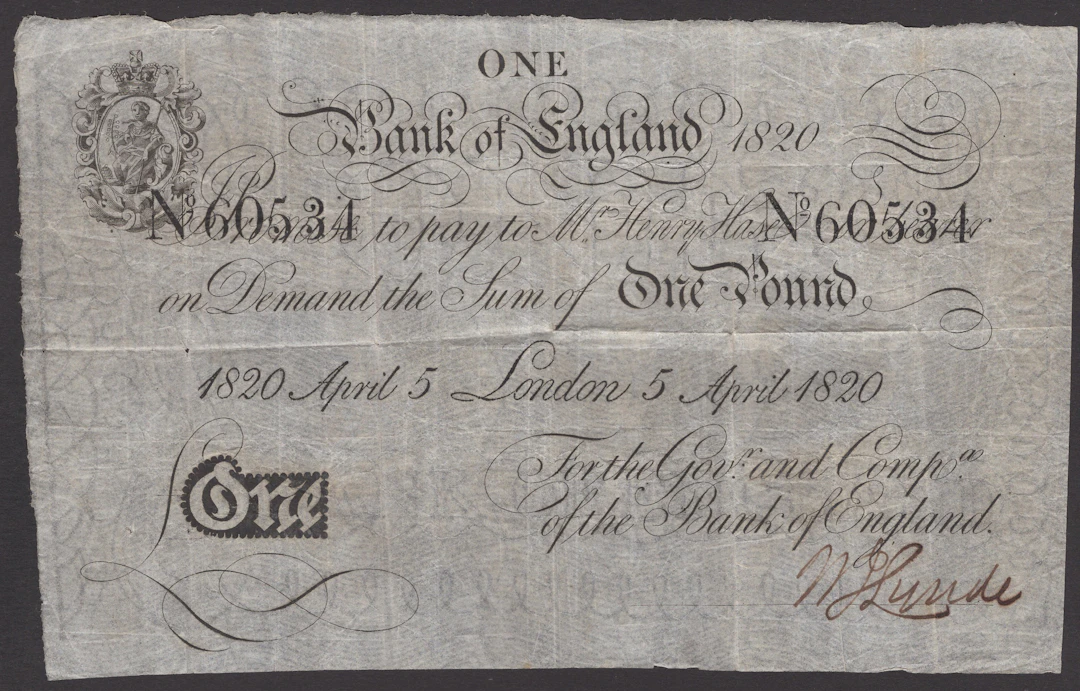 Bank of England, Henry Hase, £1, 5 April 1820, serial number 60534