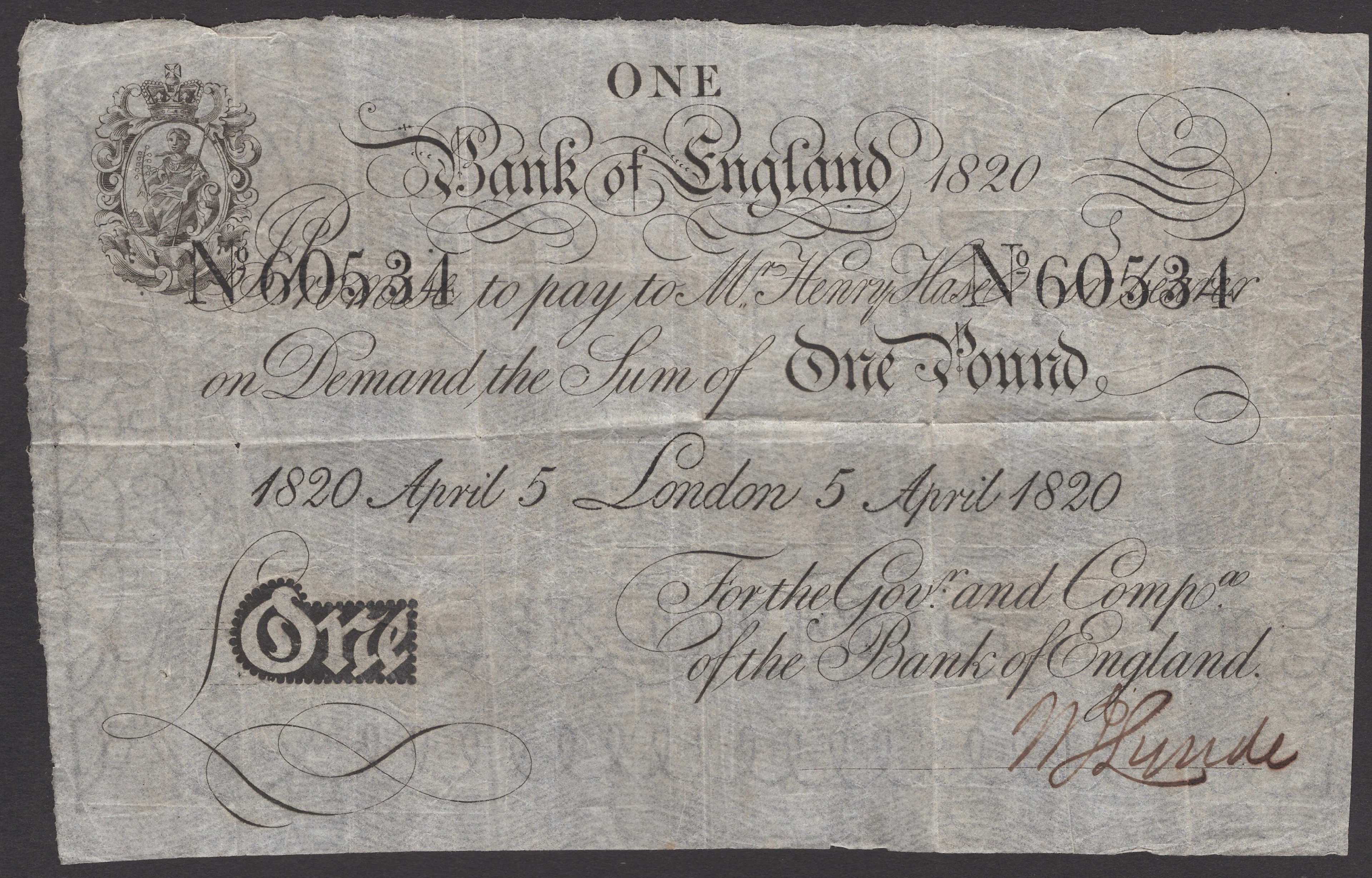 Bank of England, Henry Hase, £1, 5 April 1820, serial number 60534