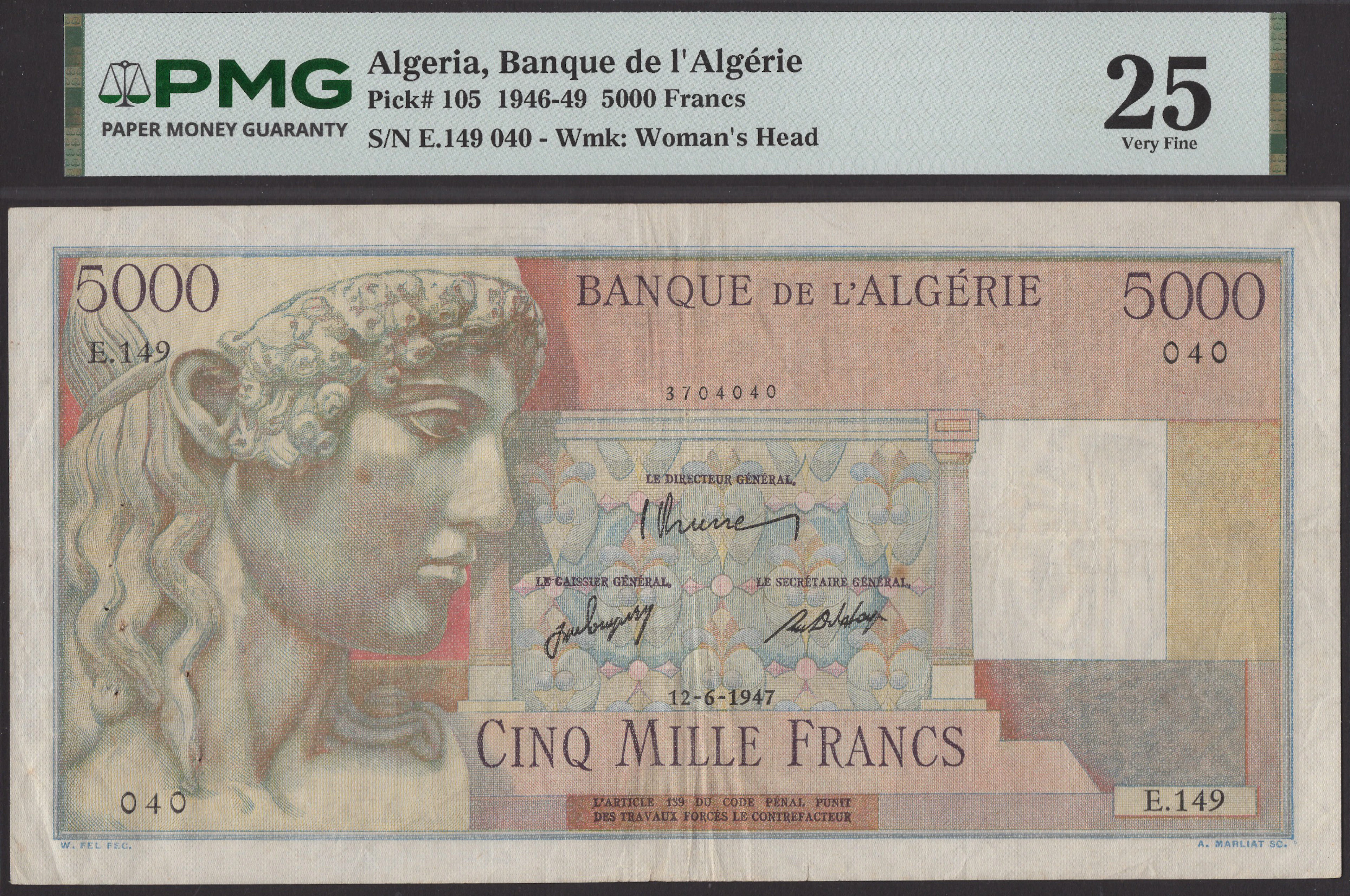 Banque de l’Algerie, 5000 Francs, 12 June 1947, serial number E.149