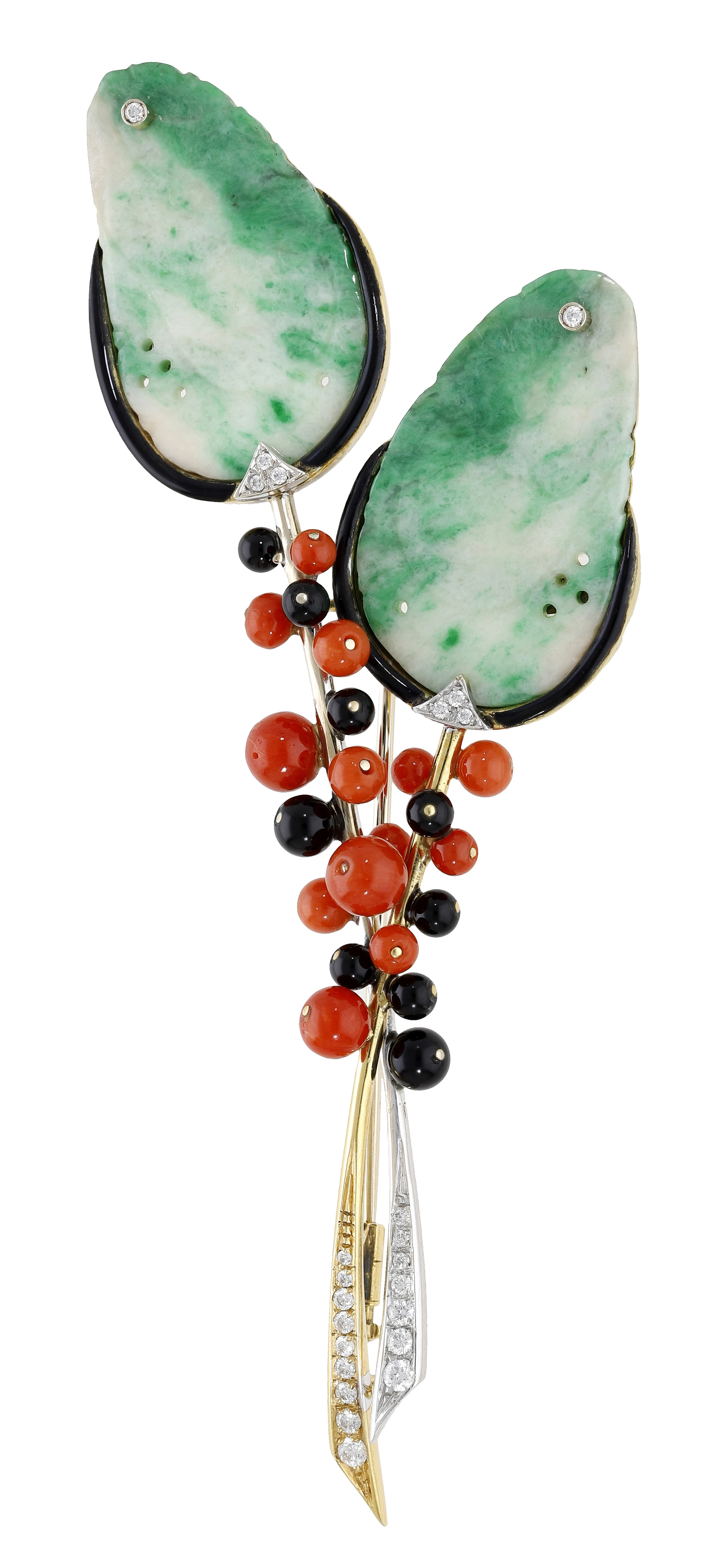 A jade, coral, onyx and diamond spray brooch by Cesare De Vecchi