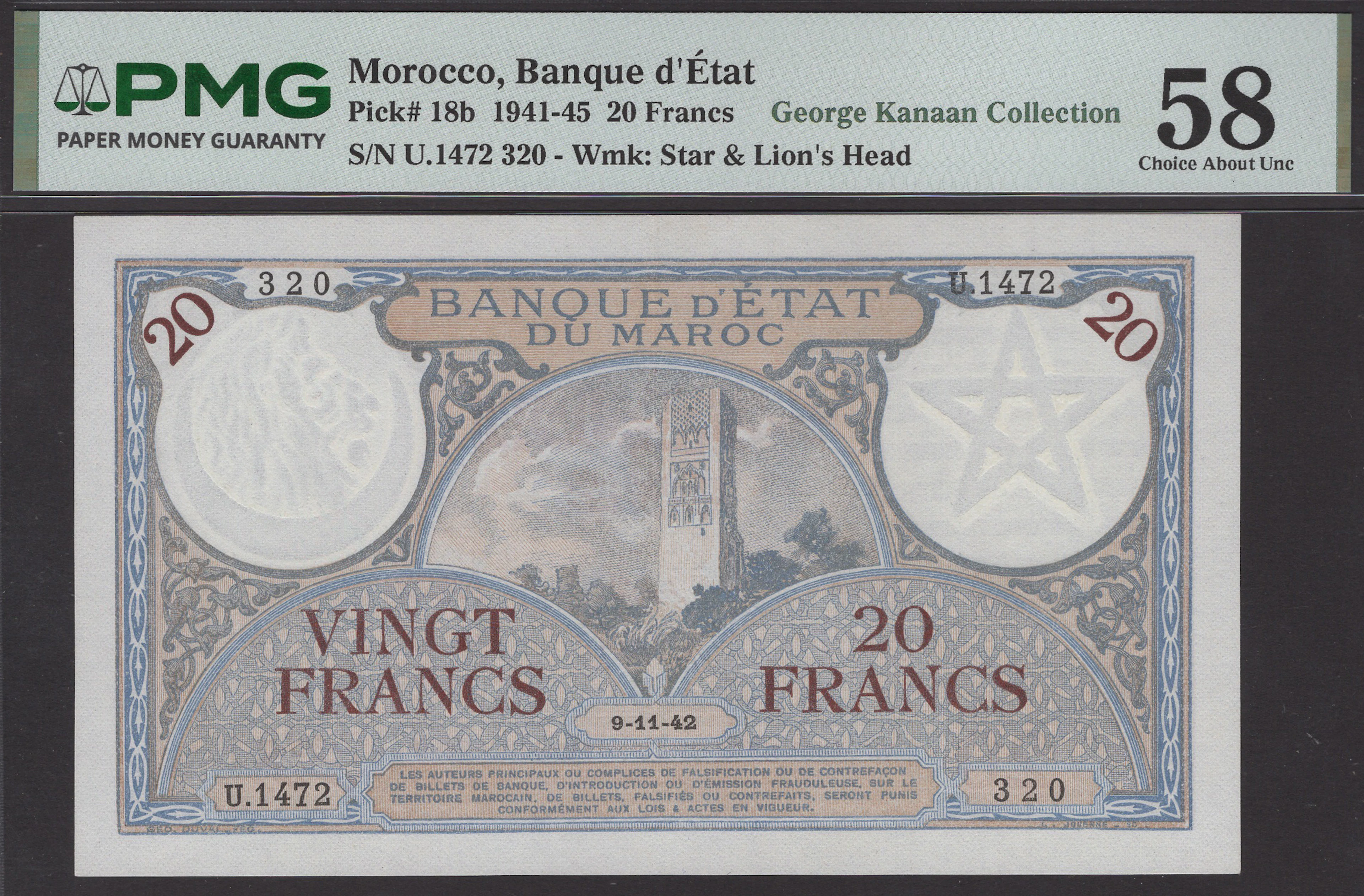 Banque d’Etat du Maroc, 20 Francs, 9 November 1942, serial number